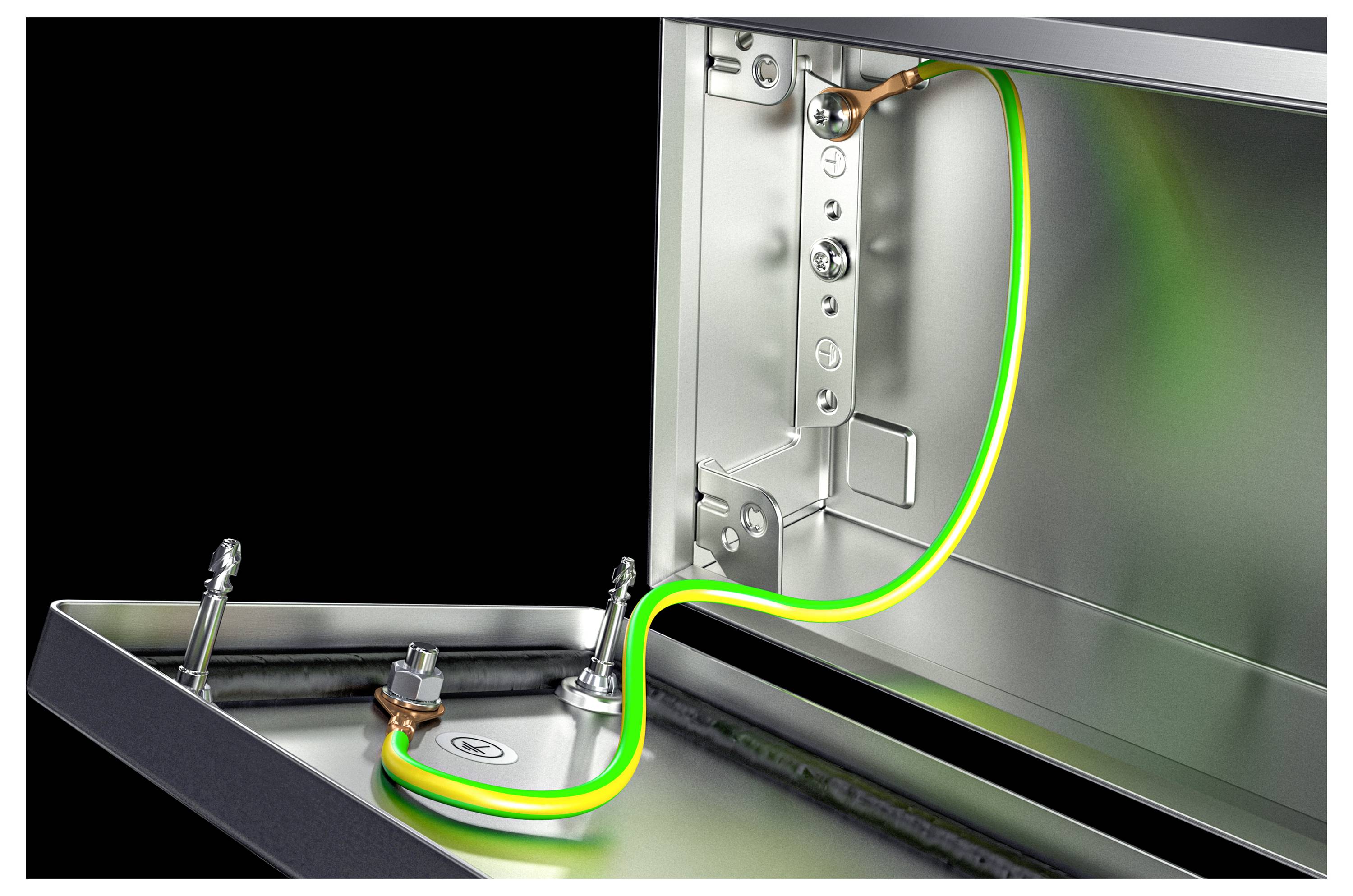 Metallic junction box with an open lid, showing internal earthing with a green and yellow cable.