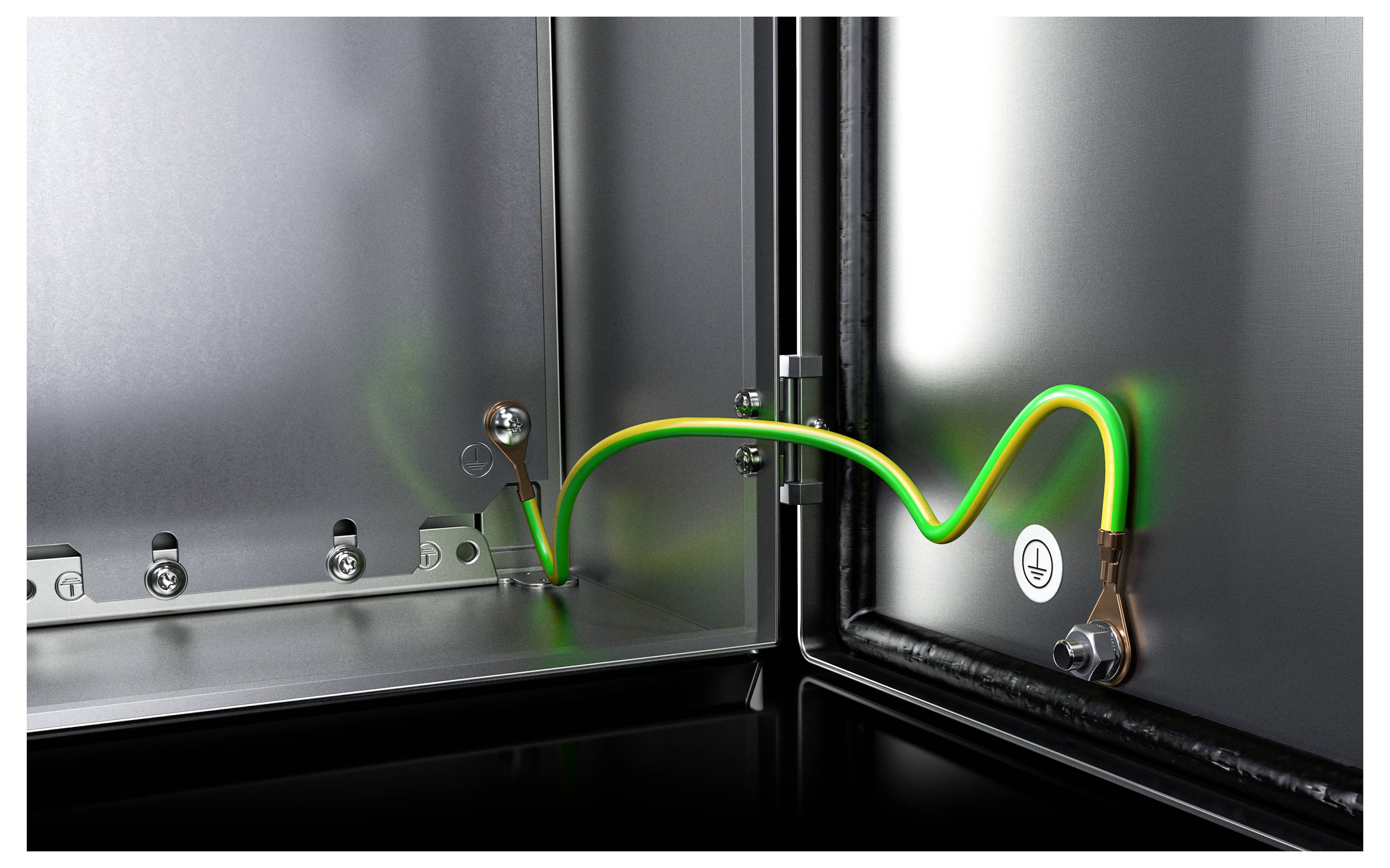 A metallic enclosure shows a yellow-green earthing cable securely fastened, running from the side to the back panel.