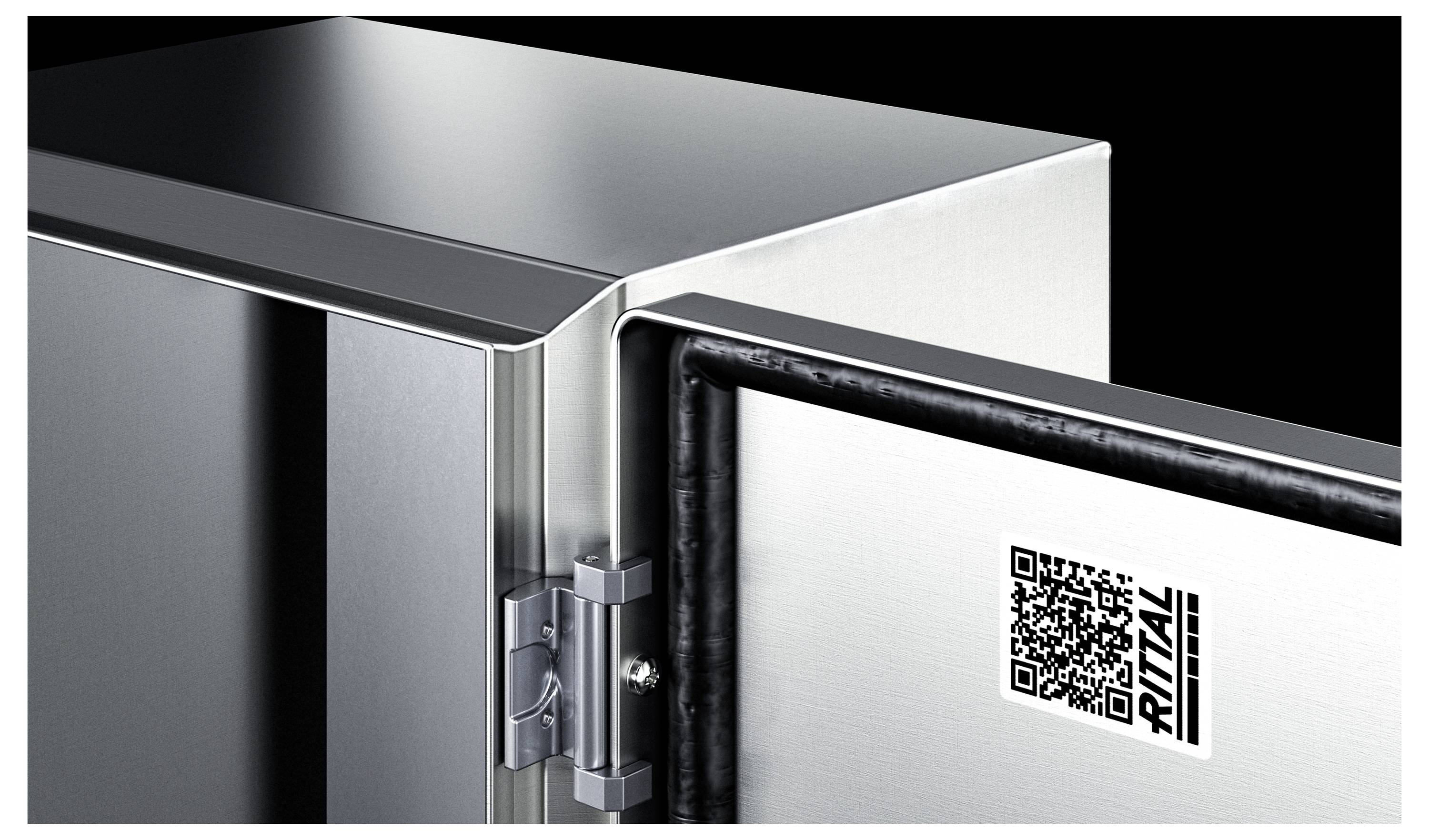 A metal enclosure with a slightly open door revealing a QR code label. The QR code features the Rittal logo.