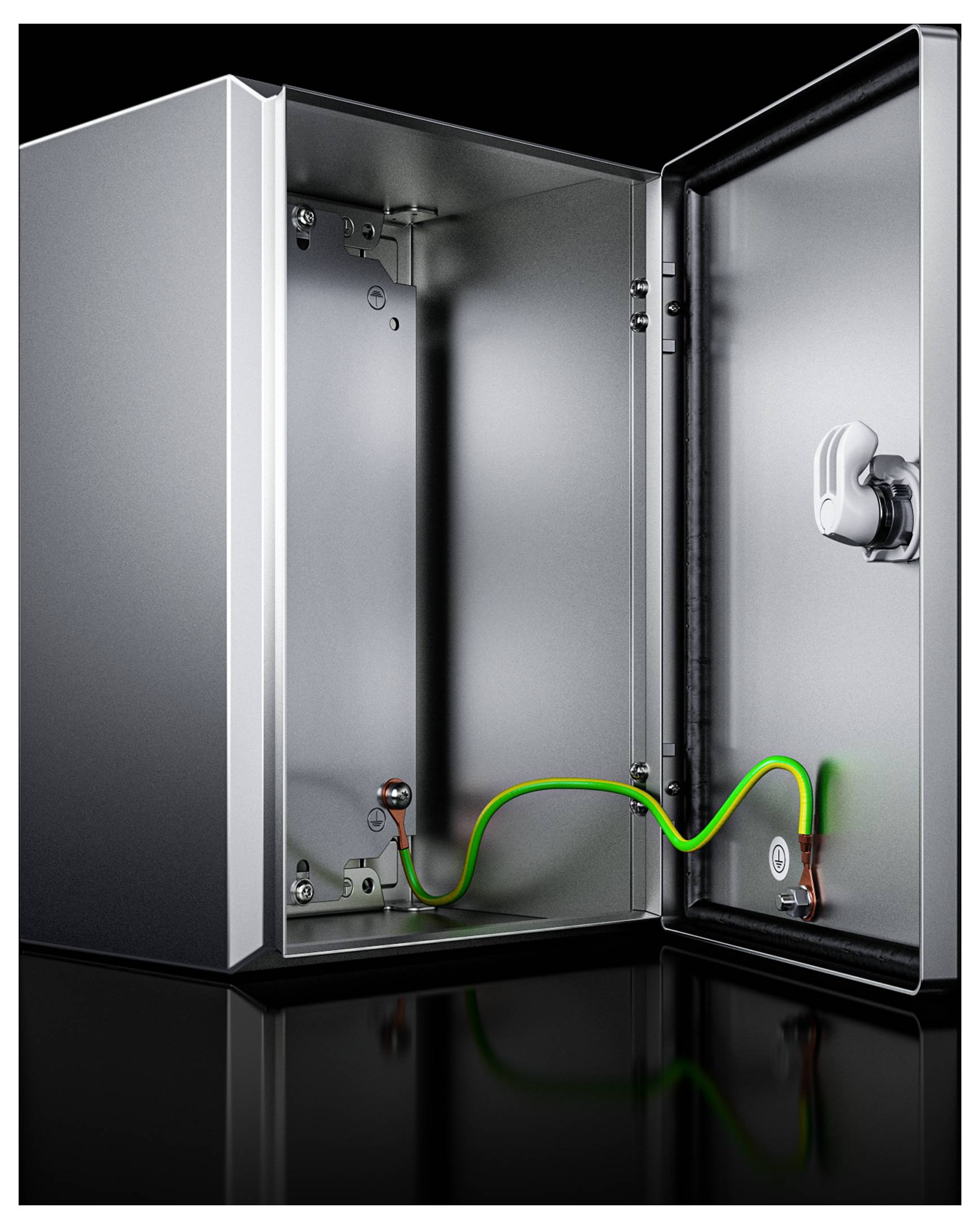 Opened silver metal casing with a grey interior and a green cable secured at two points inside.