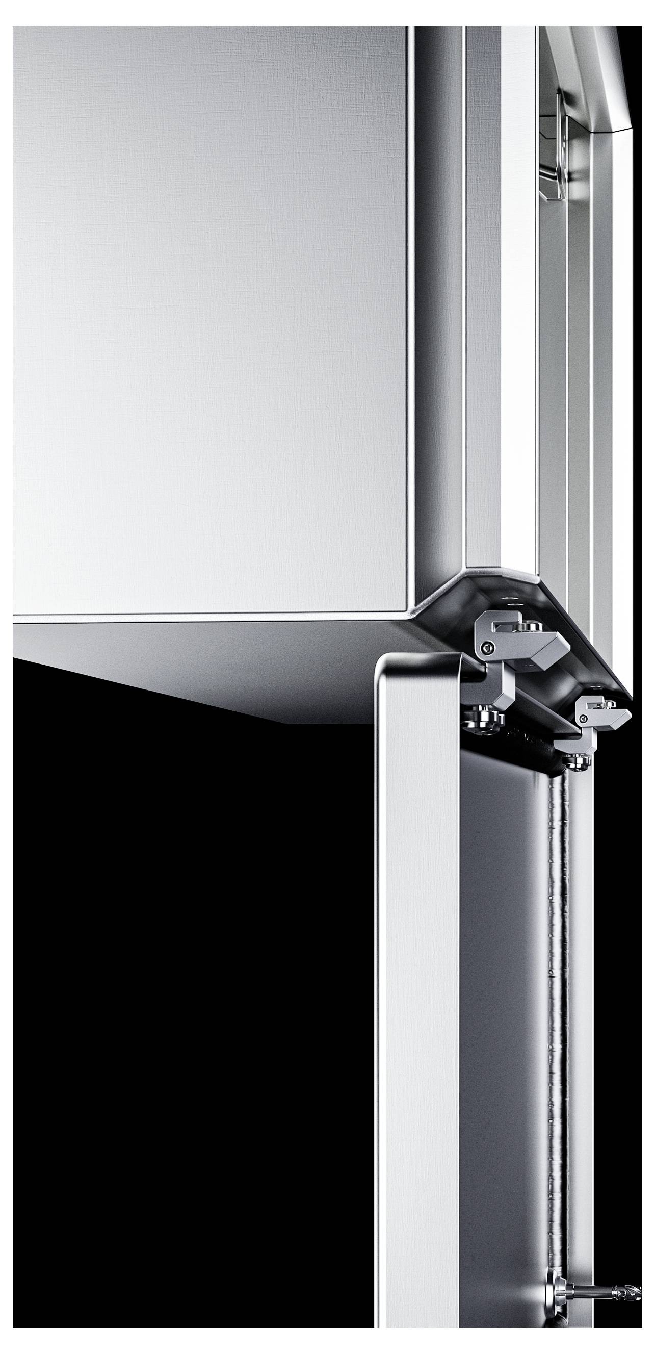 Part of a high-quality stainless steel structure, showing hinges and corners of a frameless design with a modern, elegant finish.