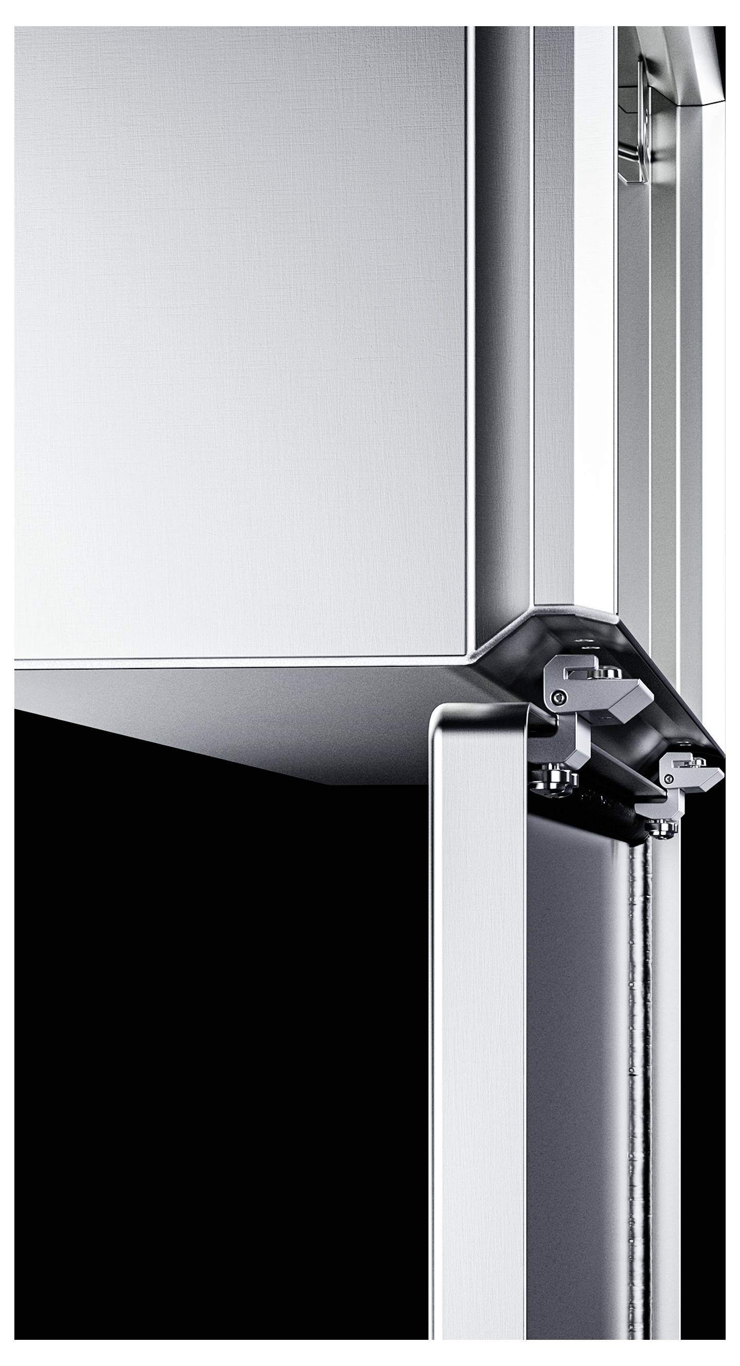 A silver metallic element with clean lines and a hinge system against a black background.