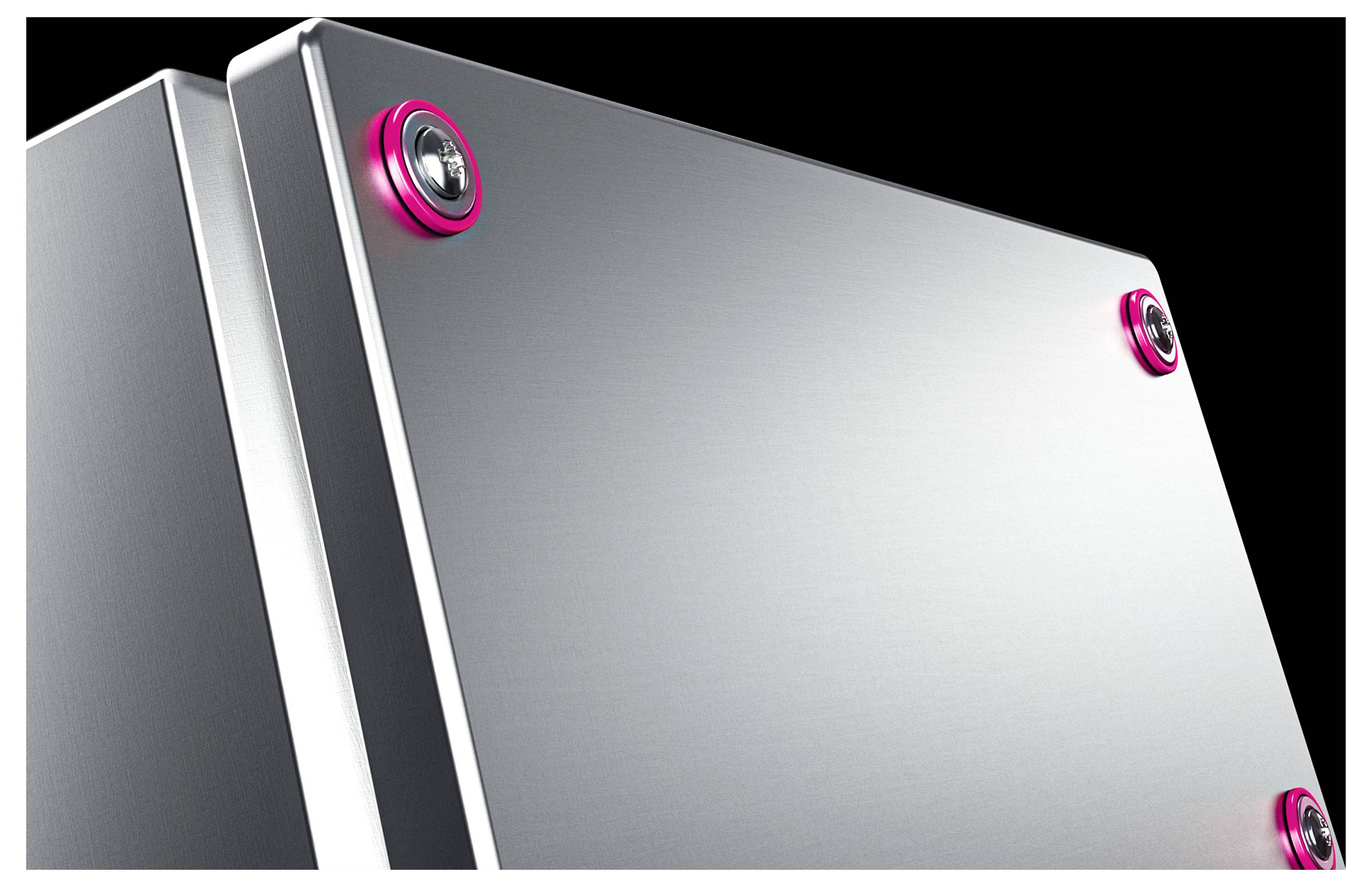 A silver metal enclosure with red locks at each corner, set against a black background.