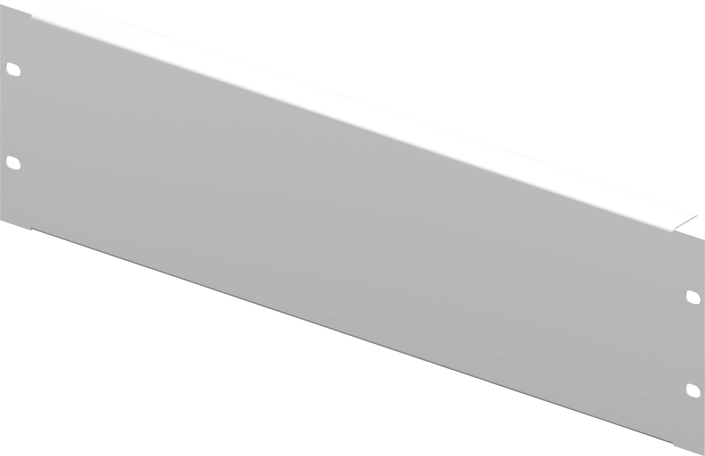Grey painted steel blanking panel with four holes at the corners, suitable for mounting in a 19-inch rack.