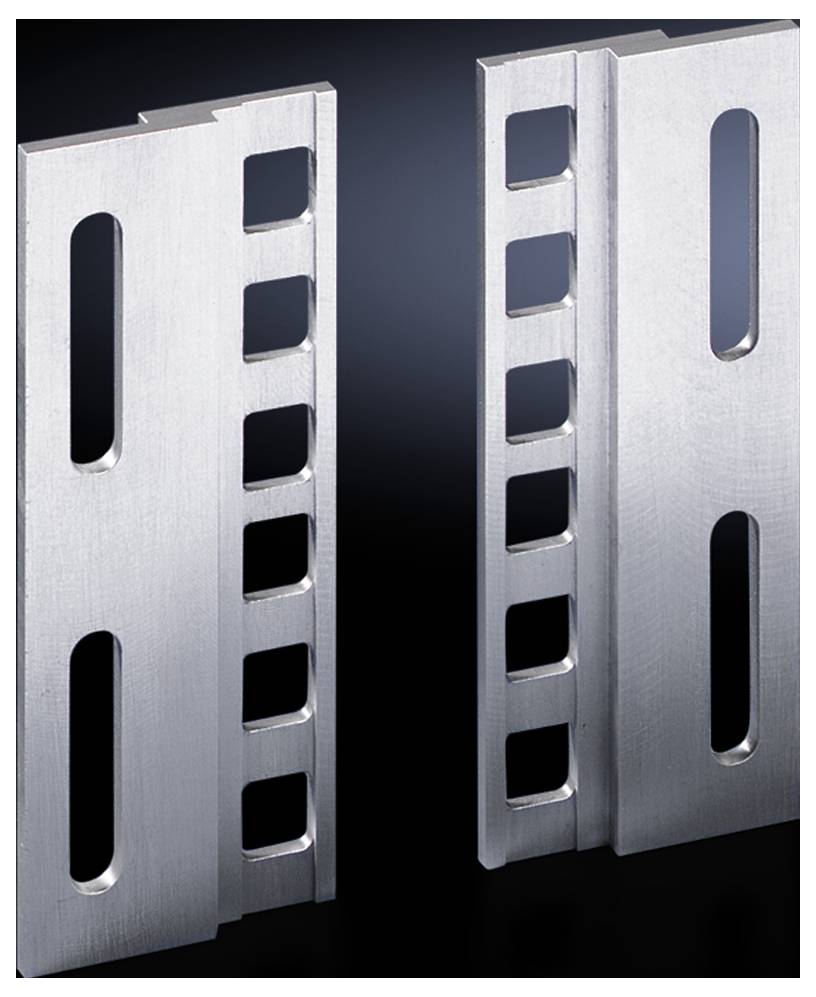 Two metal profile rails with rectangular and oval openings on a black background.