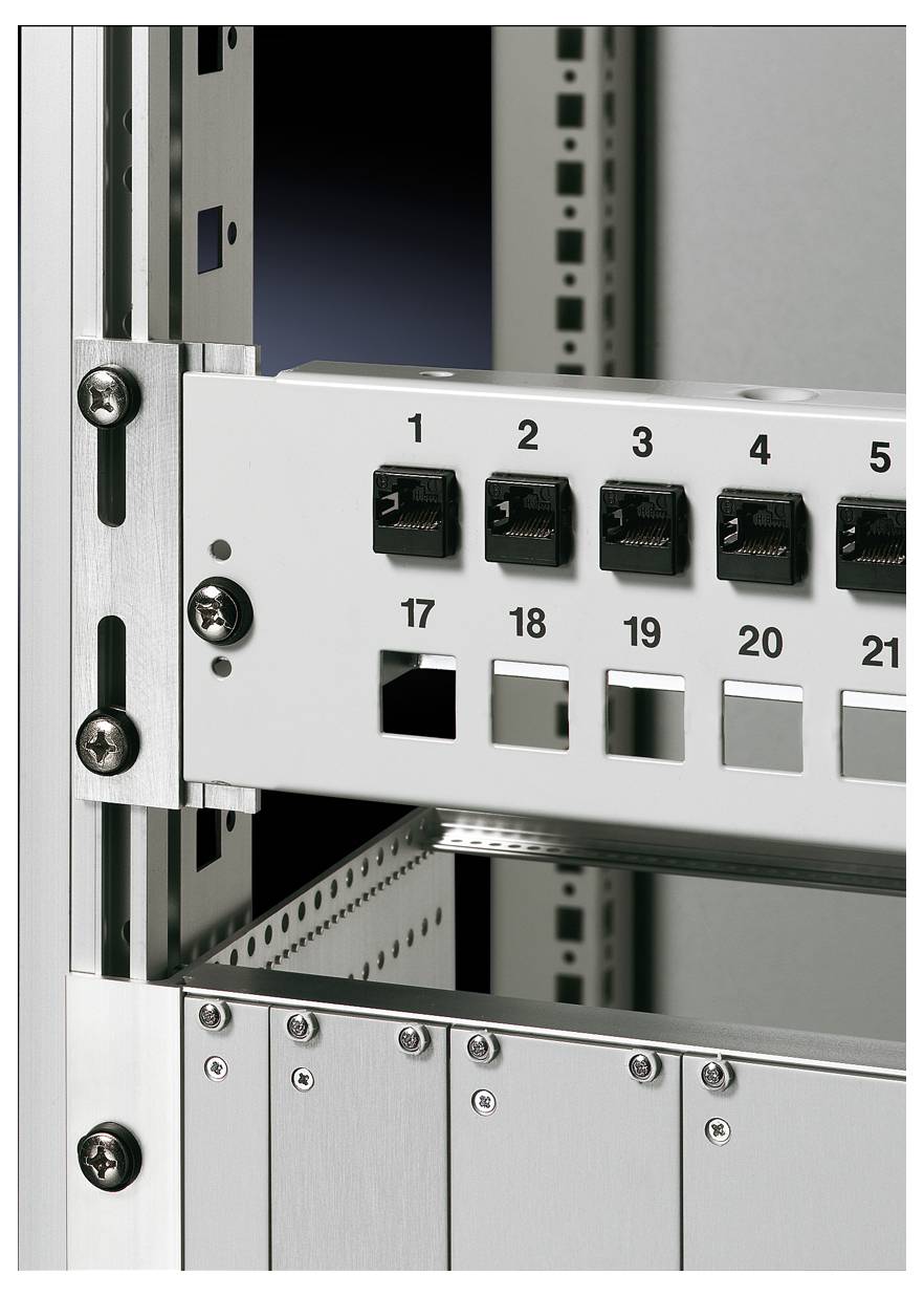 Server rack with numbered Ethernet ports and open cable passages, showing network connection options.