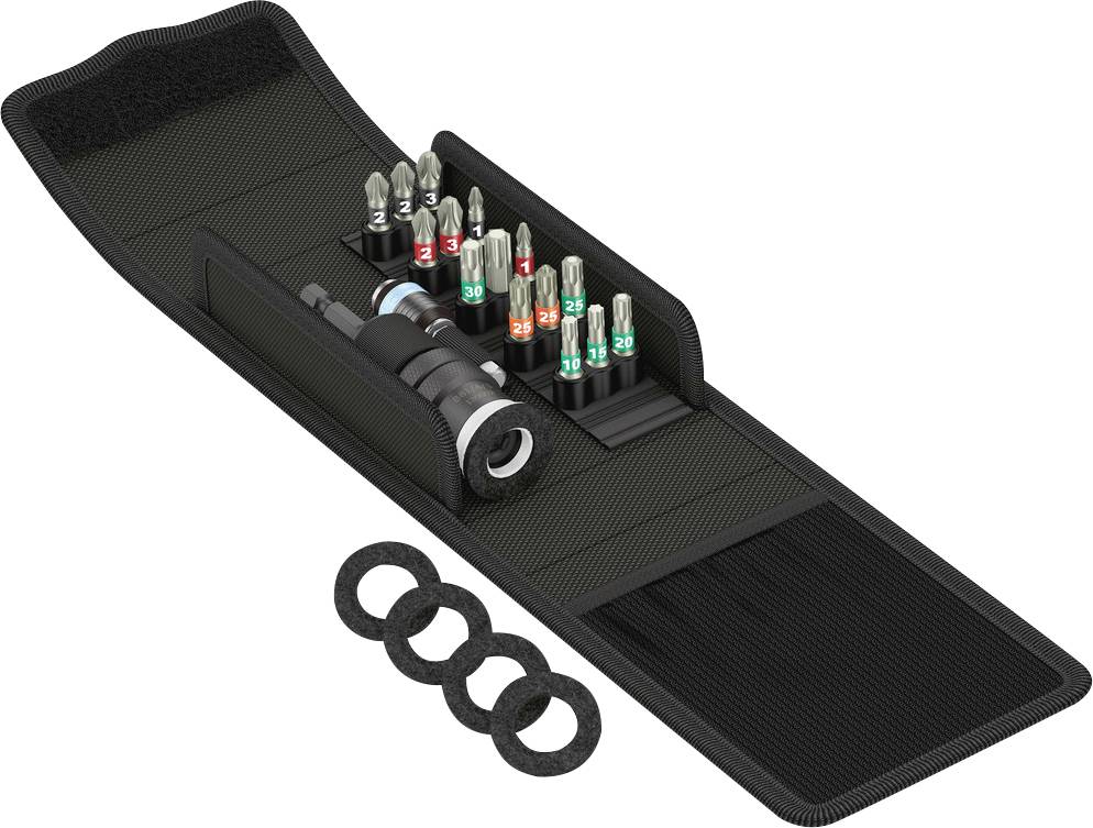 Tool set with various screwdriver bits in an open black case, including adapter and rings.