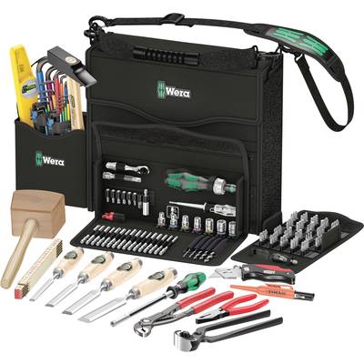 Tool set comprising various screwdrivers, pliers, a hammer and additional accessories, organised in a portable bag.
