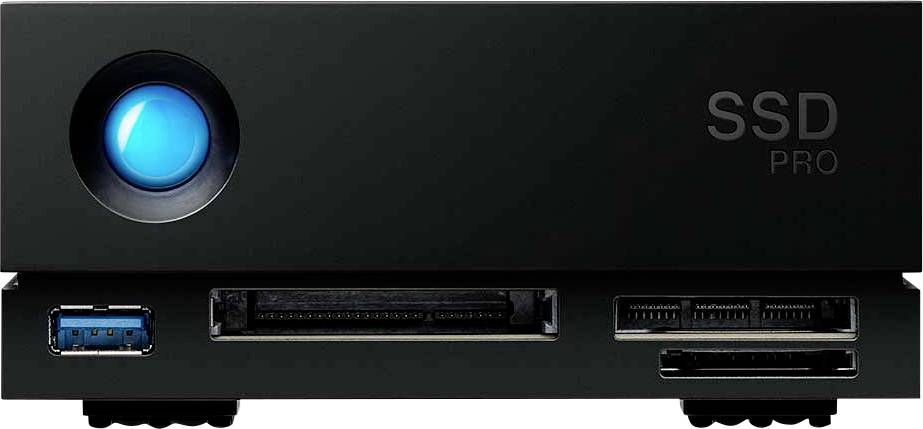 A black external hard drive enclosure with a blue illuminated button and multiple connection options on the front panel.