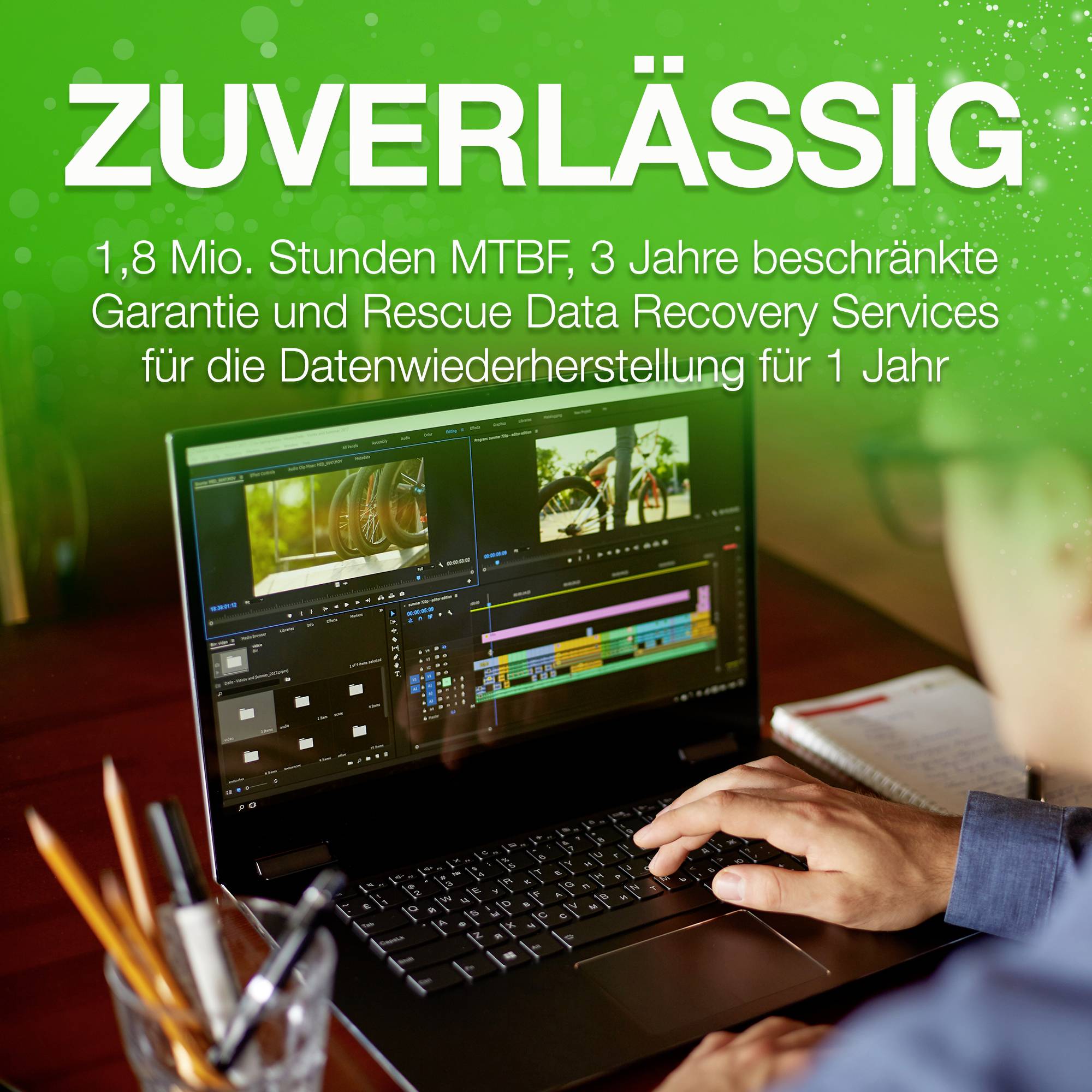 A laptop with video editing software open, with a drink beside it. Text in the image: 'RELIABLE. 1.8 million hours MTBF, 3-year limited warranty.'