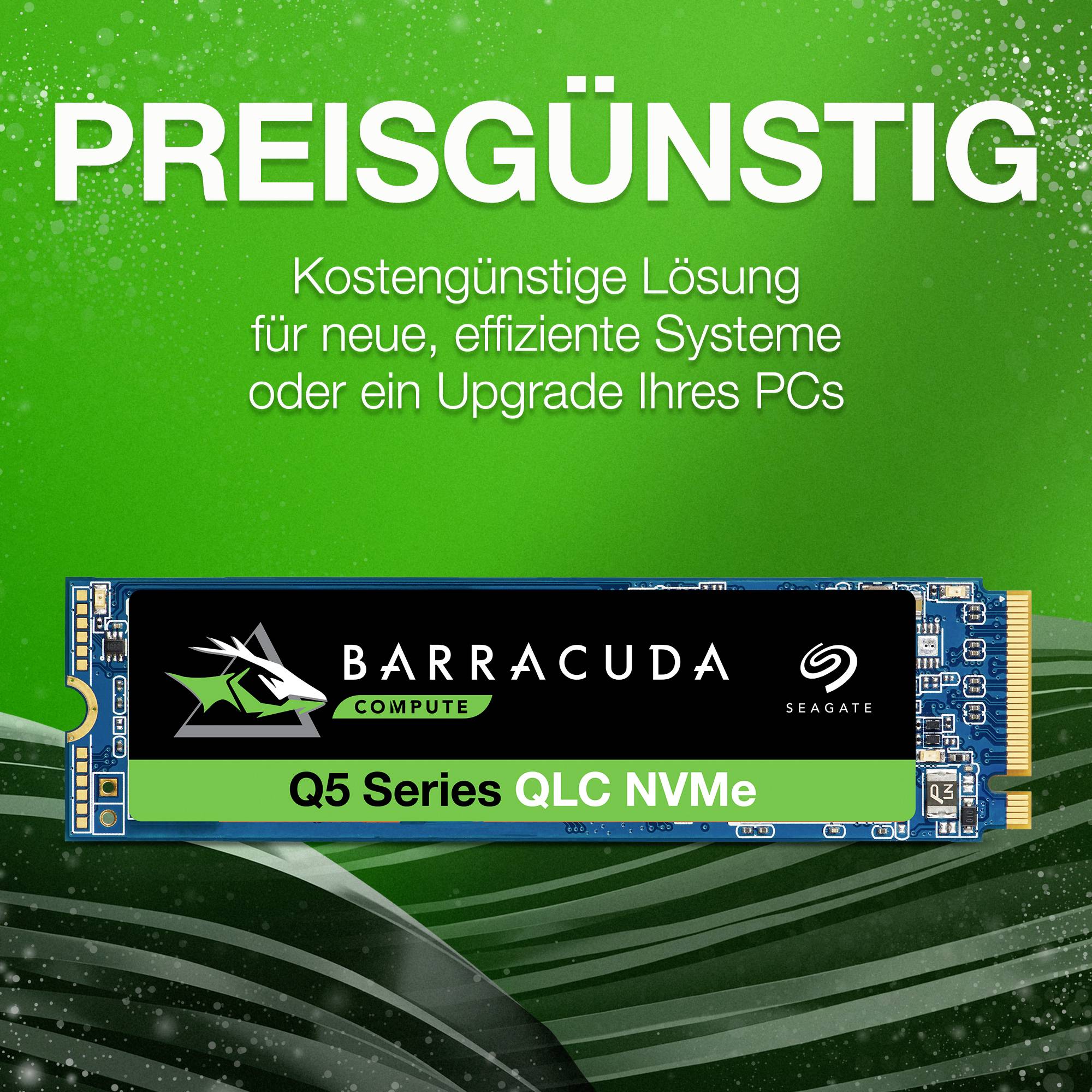 Budget-friendly NVMe SSD 'Q5 Series' from Barracuda for more efficient systems or PC upgrades, shown against a green background.