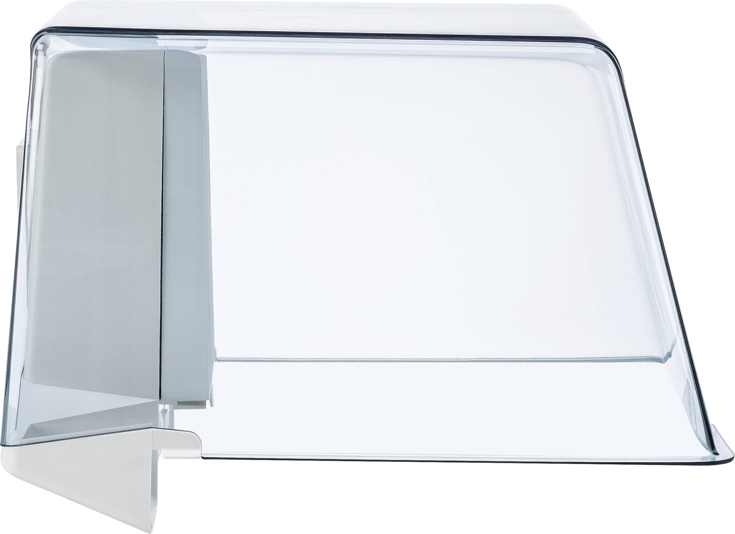 A transparent, rectangular, slightly tilted cover, possibly for the presentation or protection of food.