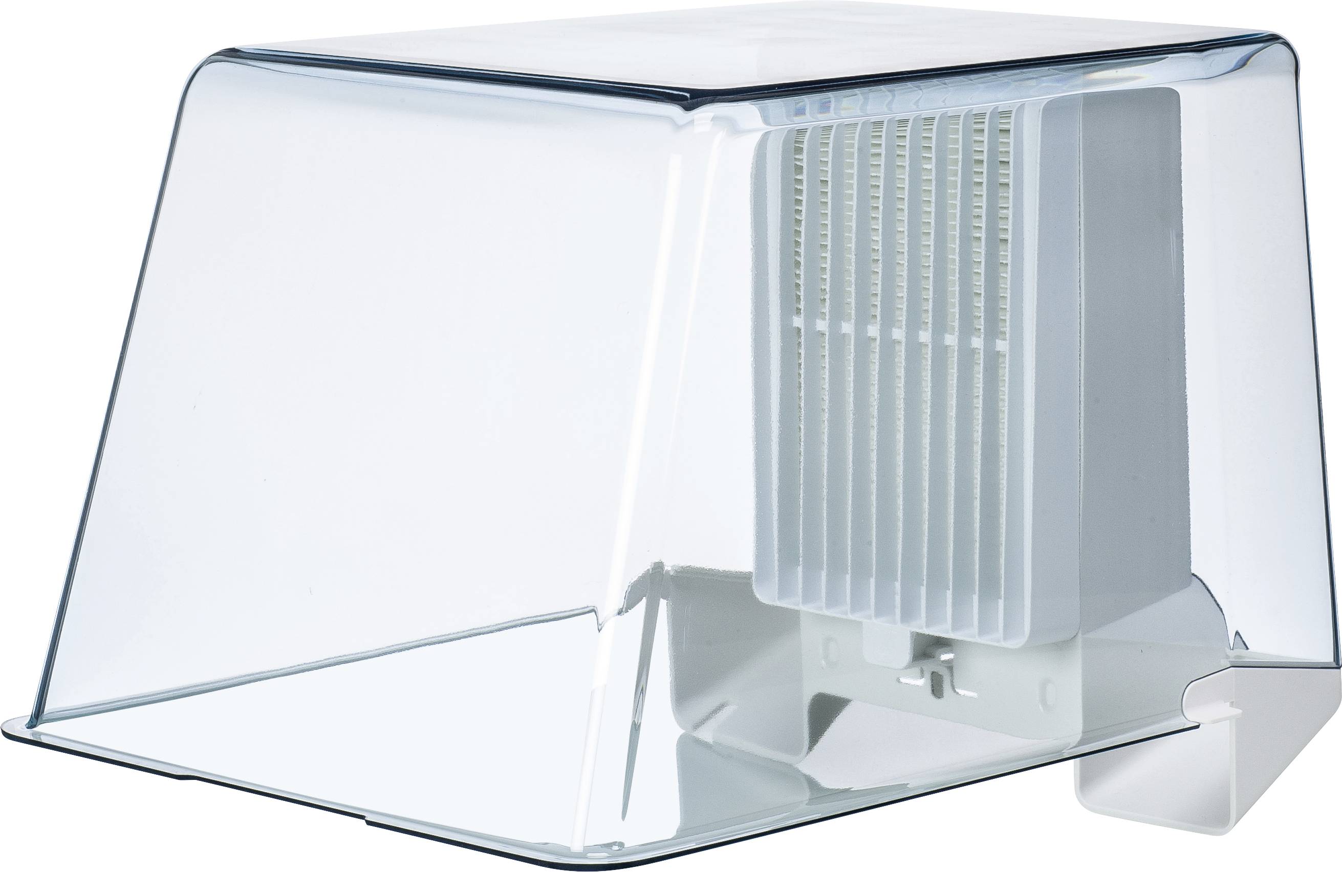 Transparent plastic cover for a rectangular dehumidifier. The device is compact and suitable for household use.
