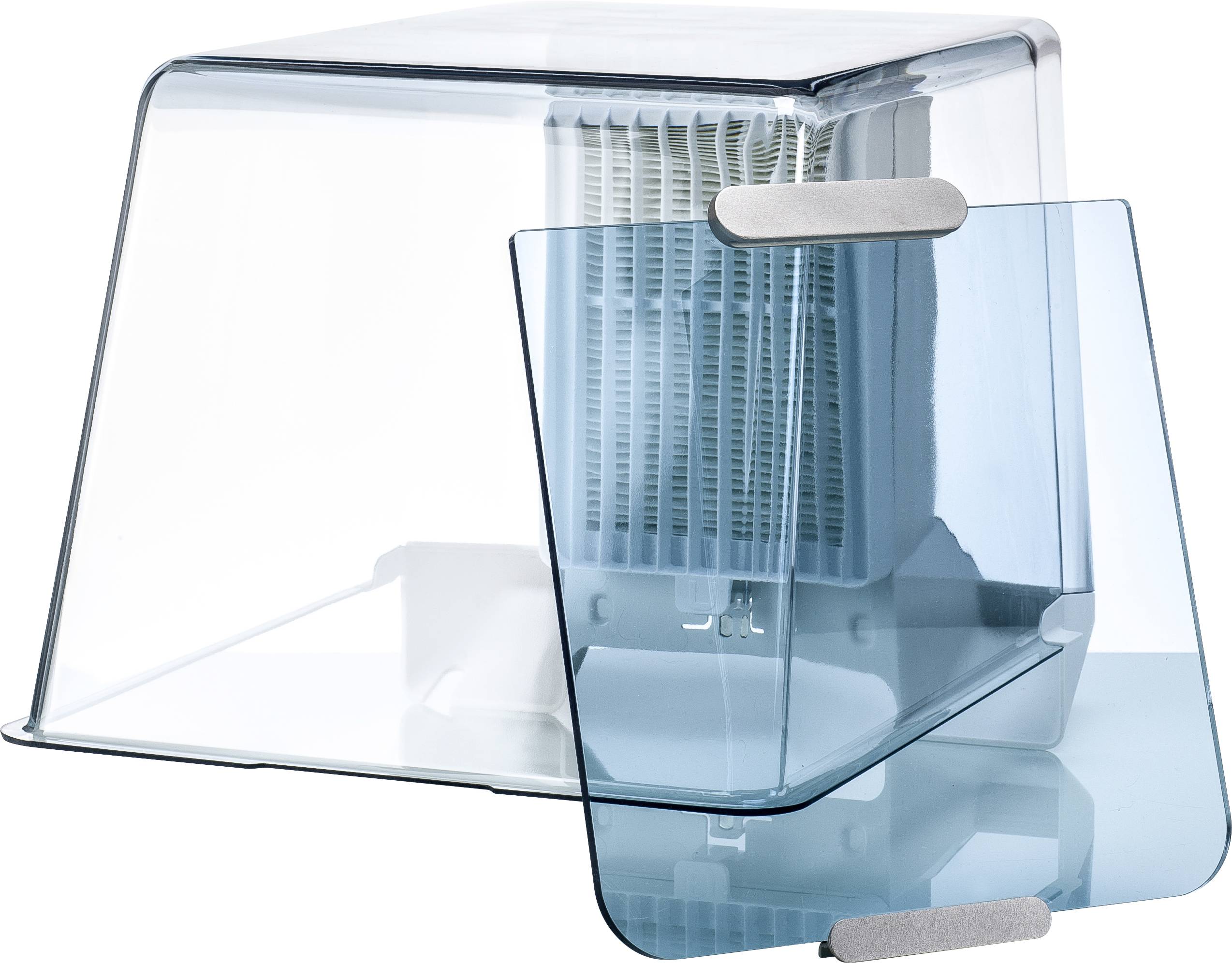 Transparent air purifier cover with integrated filter, opening at the side. Clear cover reveals the filter inside.