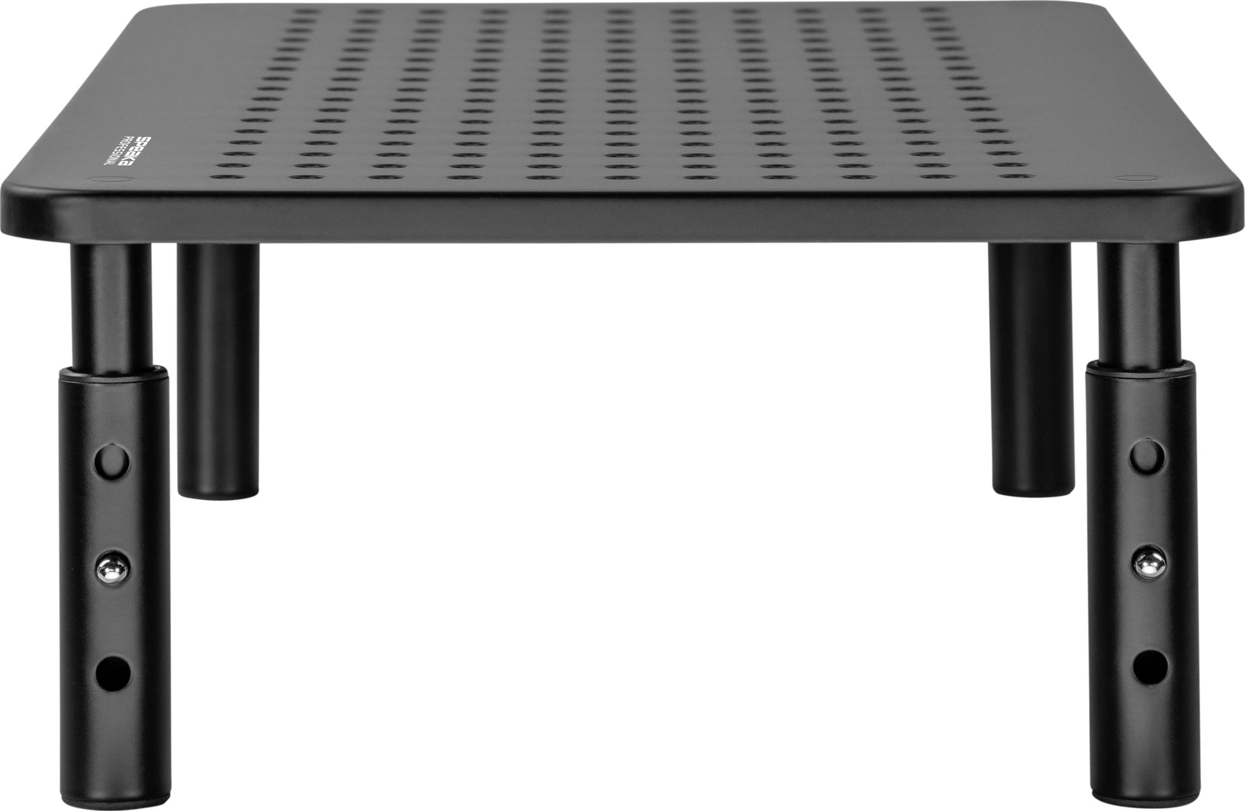 The black, adjustable metal monitor stand has a perforated surface and four stability feet.