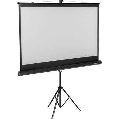 Projection screen mounted on a stand, prepared for presentations, with a black frame and white surface, against a neutral background.