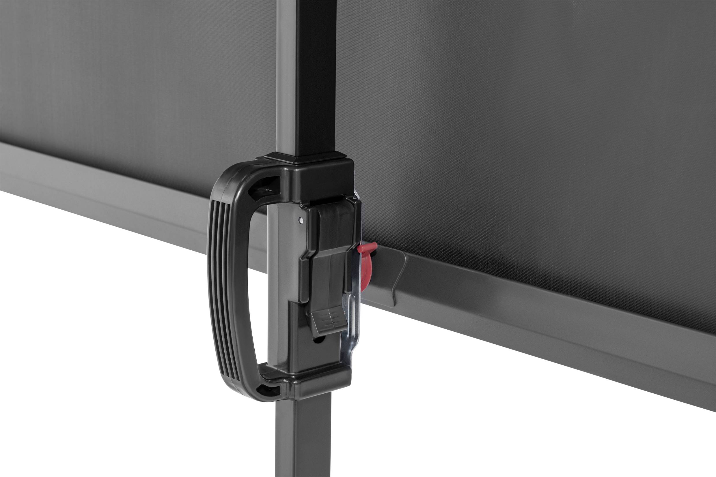 A black lever on a metal frame. The lever is likely used for locking or adjusting the construction.