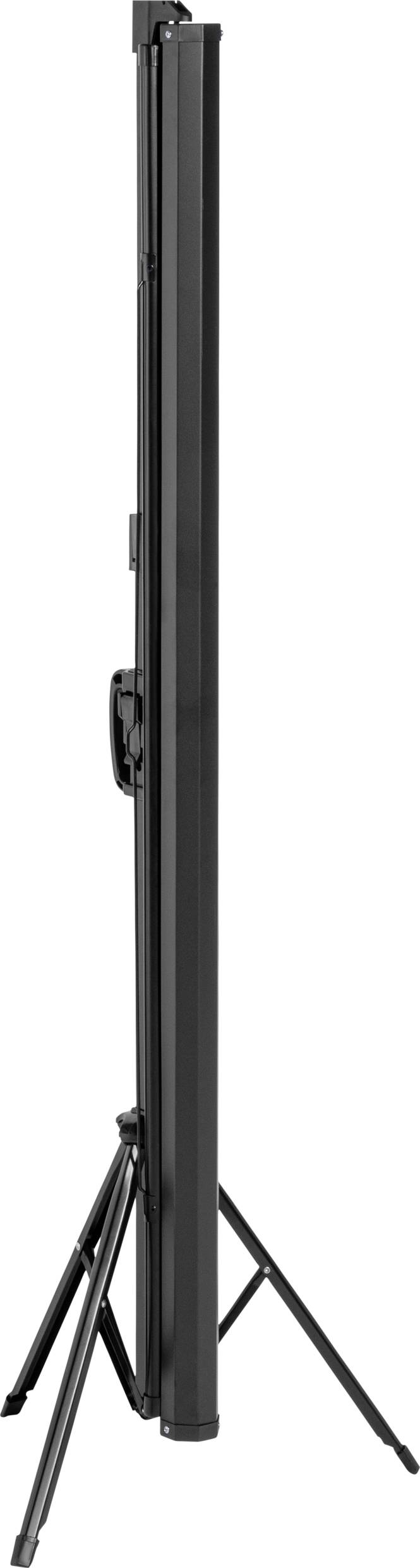 A folded, black metal tripod with three legs, standing upright.