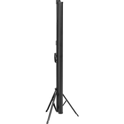 A folded, black metal tripod with three legs, standing upright.