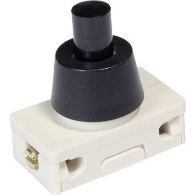 A black push-button switch on a white housing, suitable for installation in electrical devices or circuits.