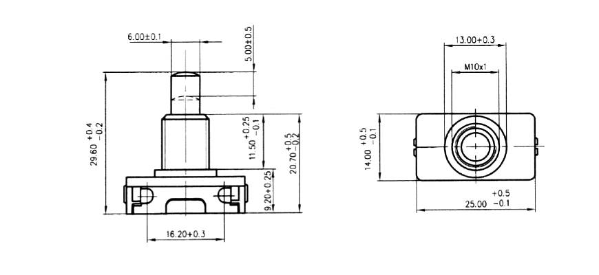 Technical drawing of a mechanical component with precise dimensions and tolerances in millimetres. Shows front and side elevation.