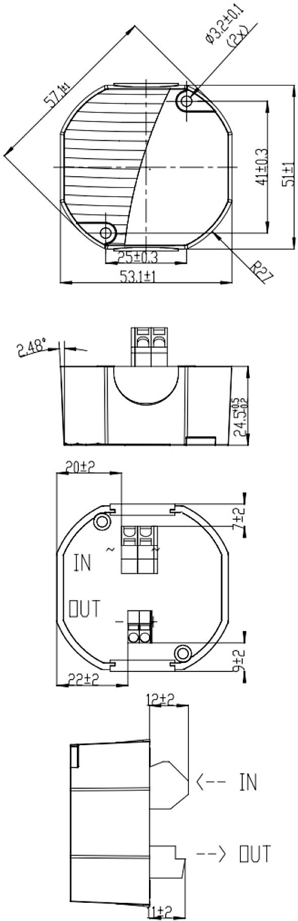 Technical drawing of an enclosure with multiple views and dimensions. Shows inlet and outlet with precise measurements.