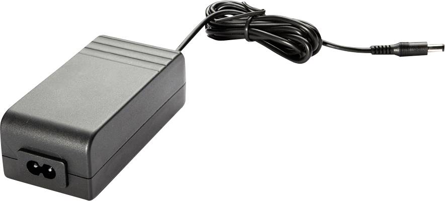 A black power supply with an integrated cable and a round plug.