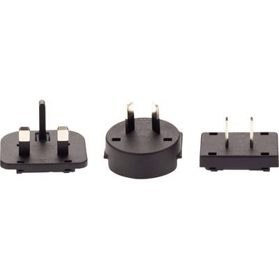 'Three black adaptor plugs: British (left), US (centre), and European (right).'