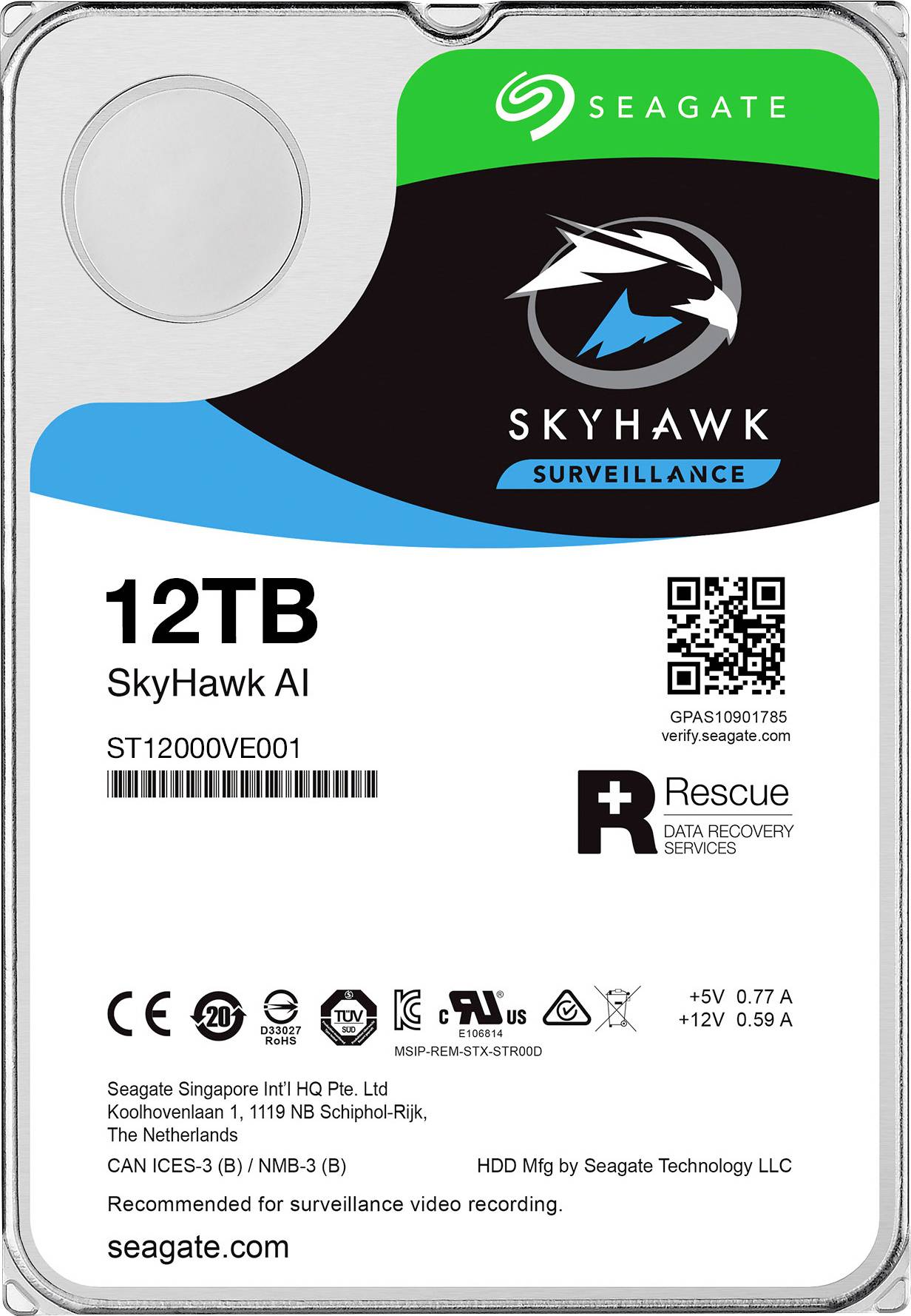 Seagate SkyHawk™ AI 12 TB 3.5" (8.9 cm) internal HDD SATA 6 Gbps ST12000VE001-1