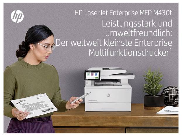 HP LaserJet Enterprise MFP M430f printer ad showing a woman holding printed pages beside a white multifunction printer; German text promotes eco-friendly performance.