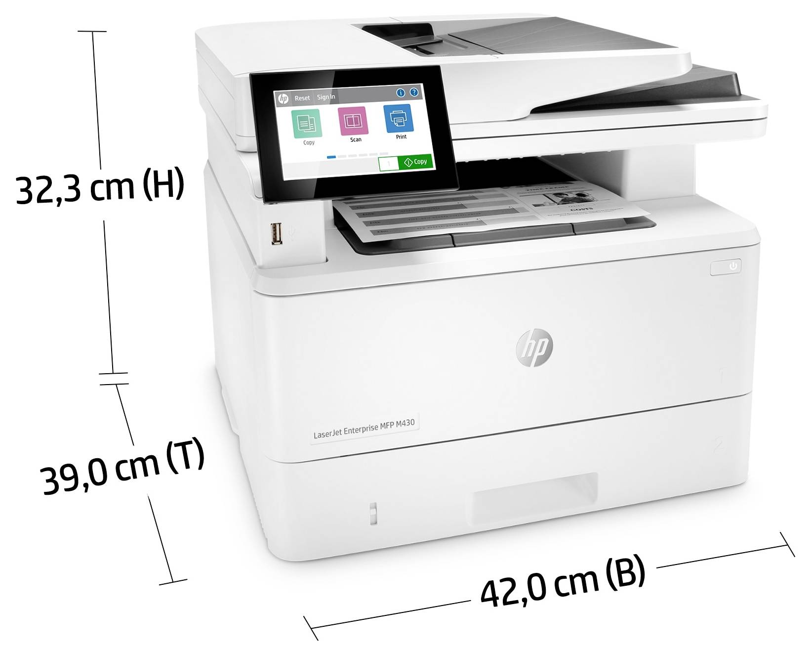 HP LaserJet Enterprise MFP printer shown with dimensions: 32.3 cm high, 39.0 cm deep, and 42.0 cm wide.