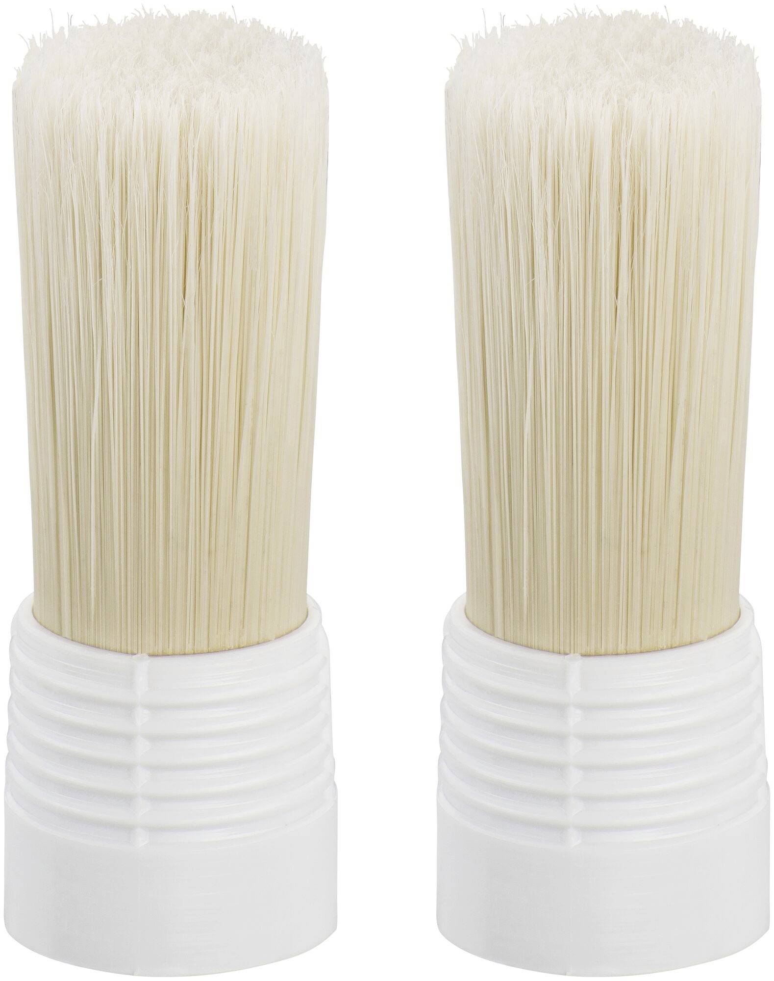 Two white, cylindrical brush heads with dense bristle coverage, each mounted on a white plastic base.