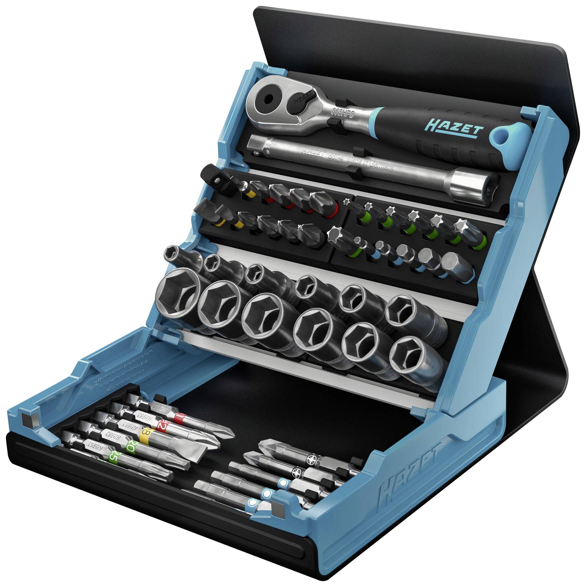 Tool set comprising a ratchet, various sockets and bits in a blue holder, suitable for repairs.