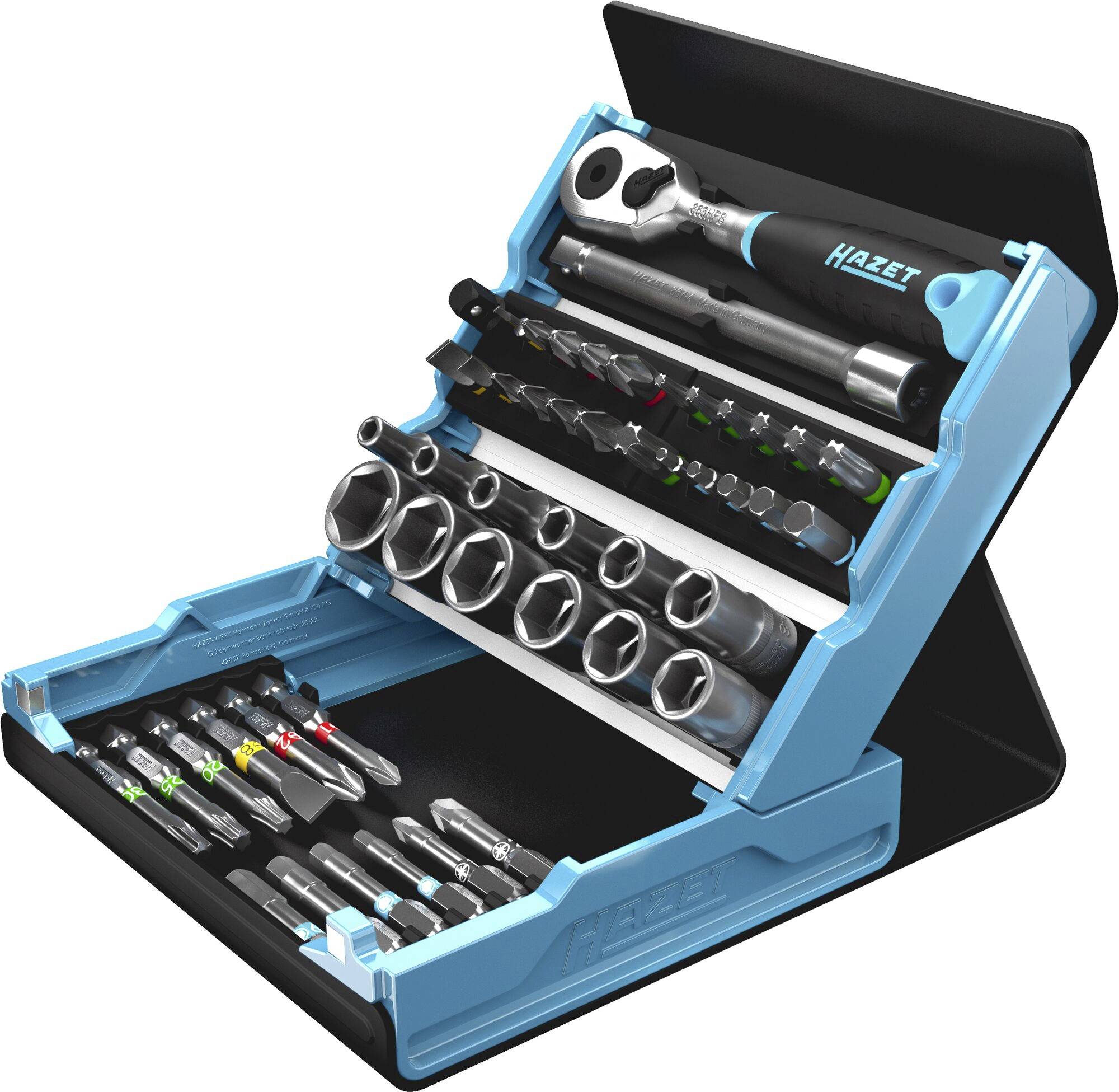 'A tool set with a ratchet, socket nuts and bits in a light blue case with a black base'