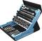 'A tool set with a ratchet, socket nuts and bits in a light blue case with a black base'