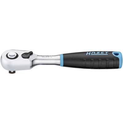 Ratchet with a black handle and blue 'Hazet' lettering. Silver metal head with a button and lever for changing the direction of rotation.