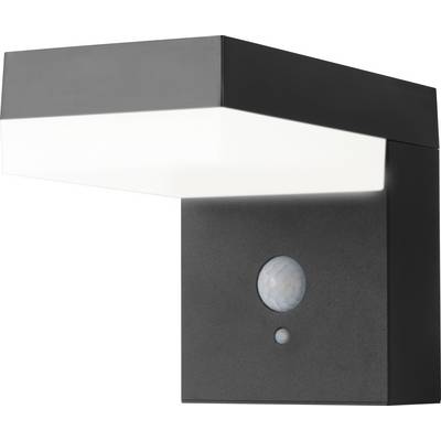 A modern, black exterior wall light with a rectangular design and integrated motion sensor. Suitable for house facades.