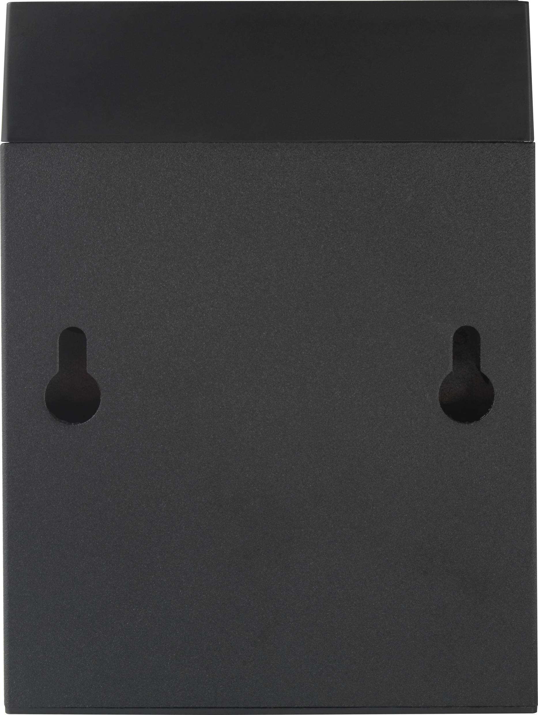 A rectangular, black object with a smooth surface and two mounting brackets on the back.