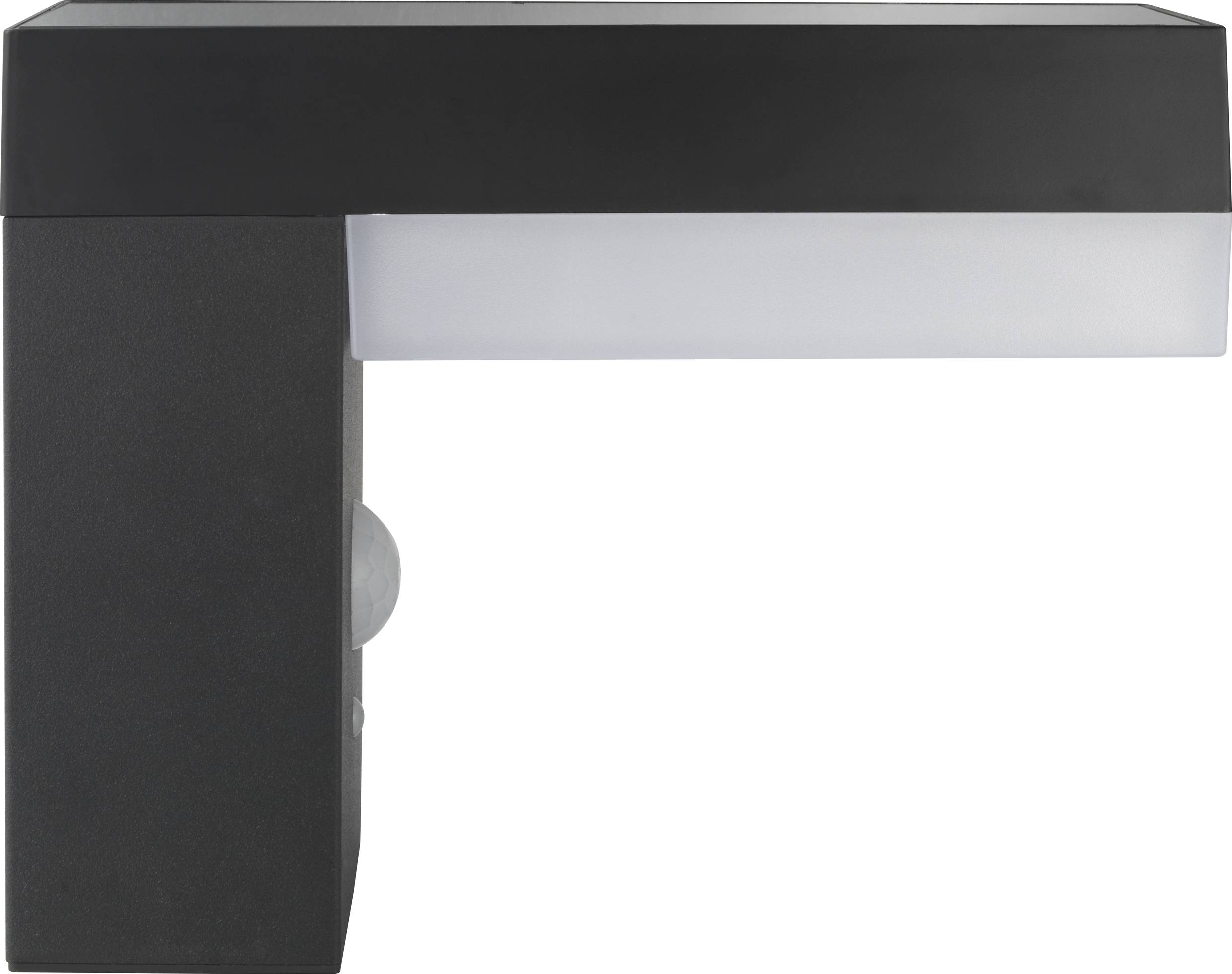Modern black outdoor wall light with rectangular design and motion sensor, suitable for mounting on exterior walls.