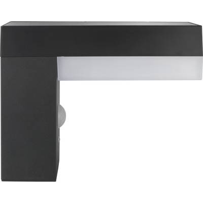 Modern black outdoor wall light with rectangular design and motion sensor, suitable for mounting on exterior walls.
