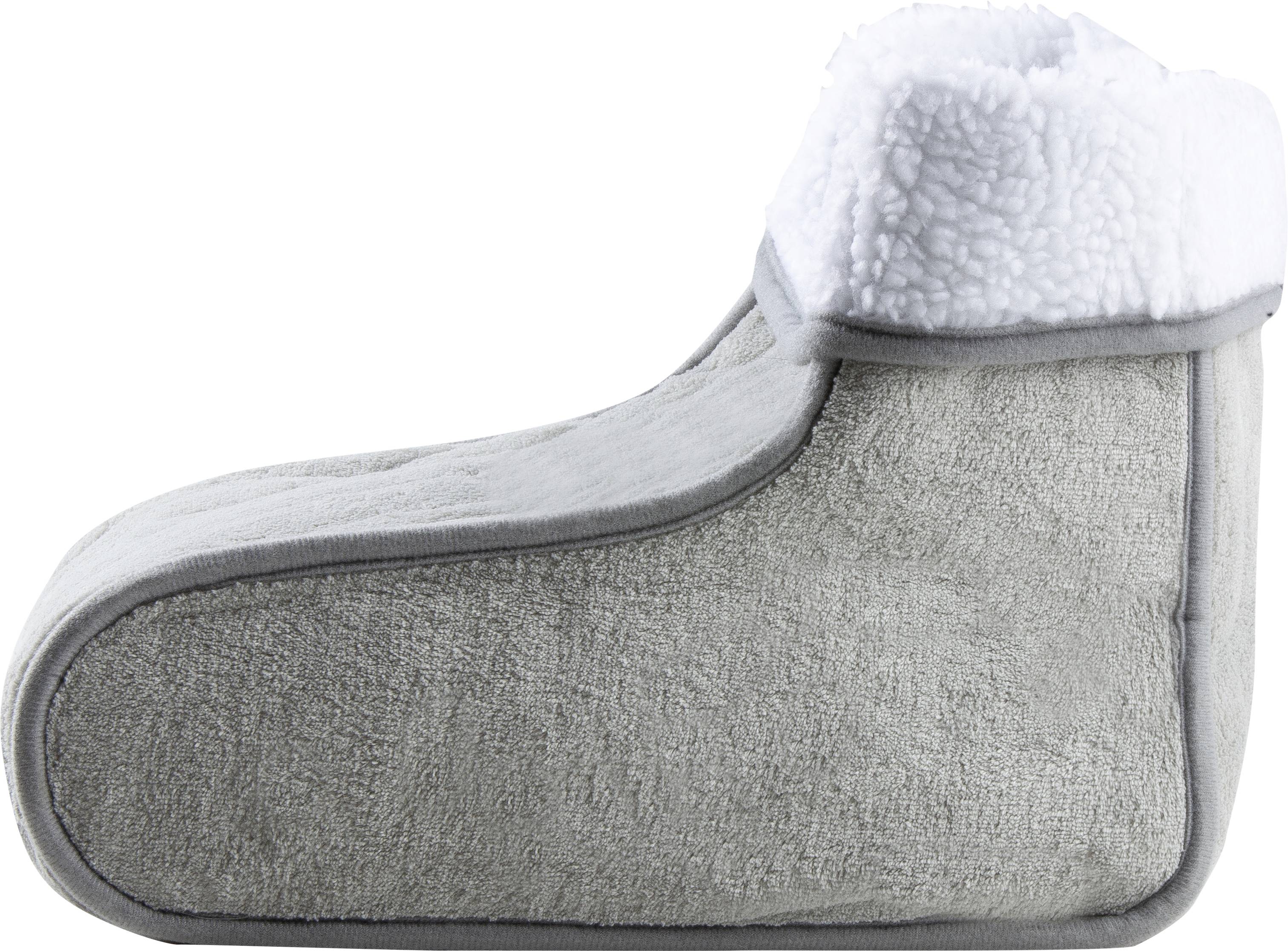 Grey, soft slipper with white lining, designed to provide warmth and comfort.