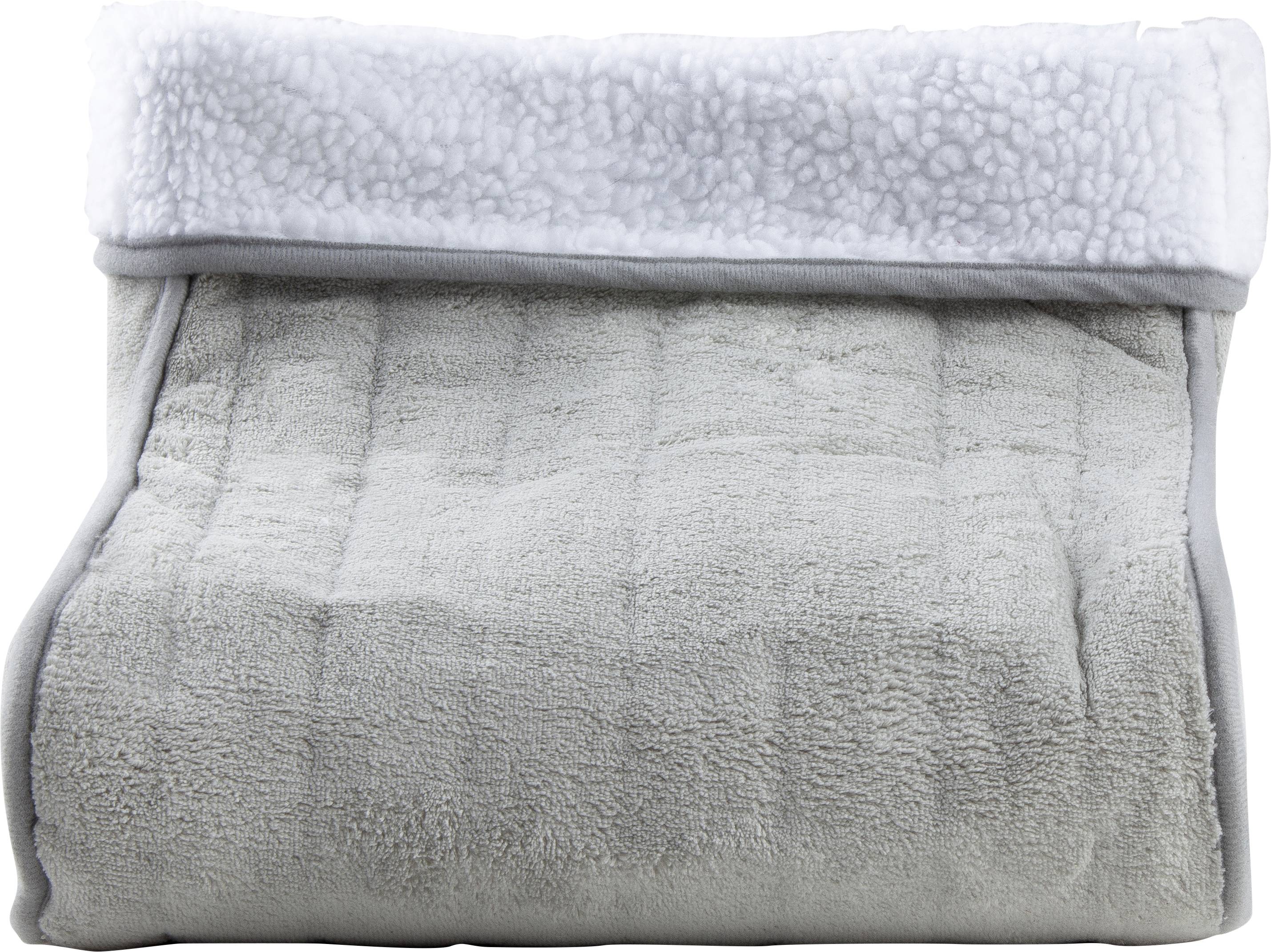 Grey, rolled-up blanket with a soft white border, lying on a flat surface. Perfect for cosy warmth.