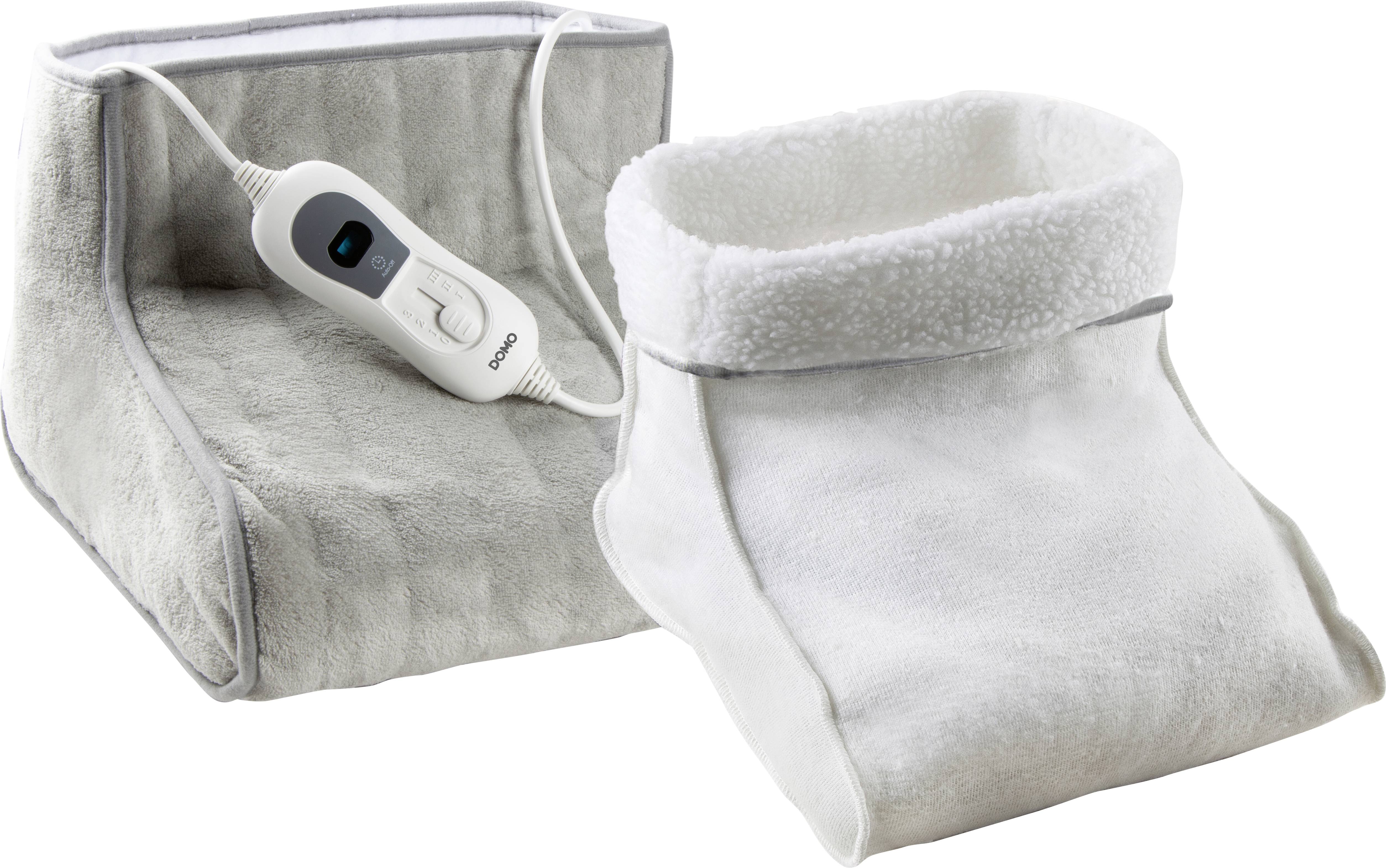 Grey and white heated footmuff with cable and control, made from soft material. Ideal for providing warmth to the feet.