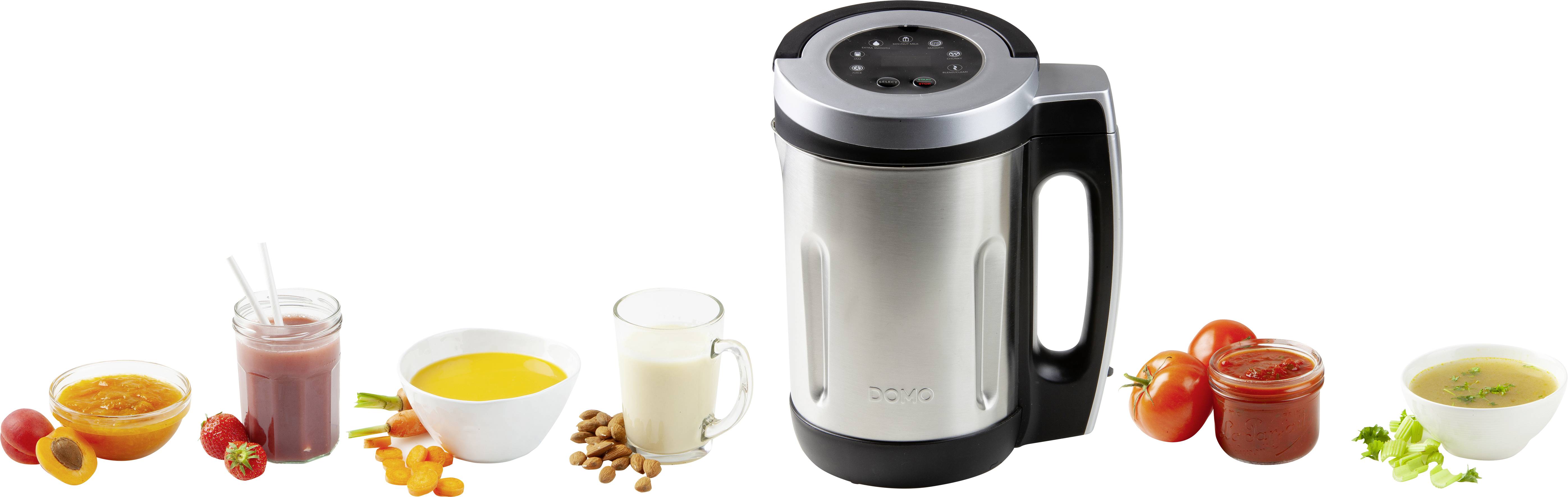 'Stainless steel smoothie and soup maker surrounded by six different ingredients for drinks and soups: tomatoes, peppers, almonds, a tomato soup, a yellow curry, and a white liquid in a glass.'