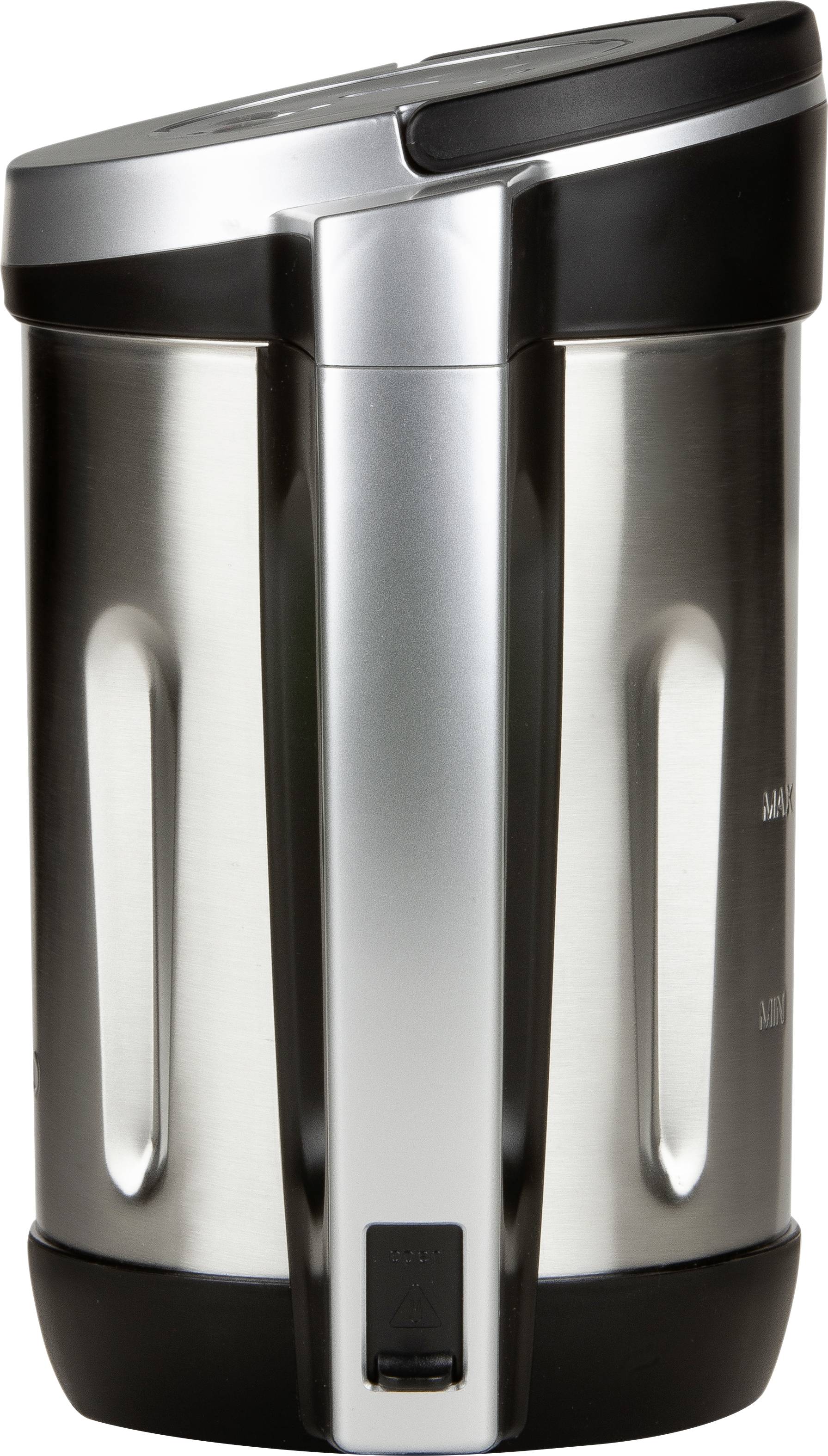 A silver kettle with a black lid and handle. The body is made of stainless steel, and the lid features button controls.