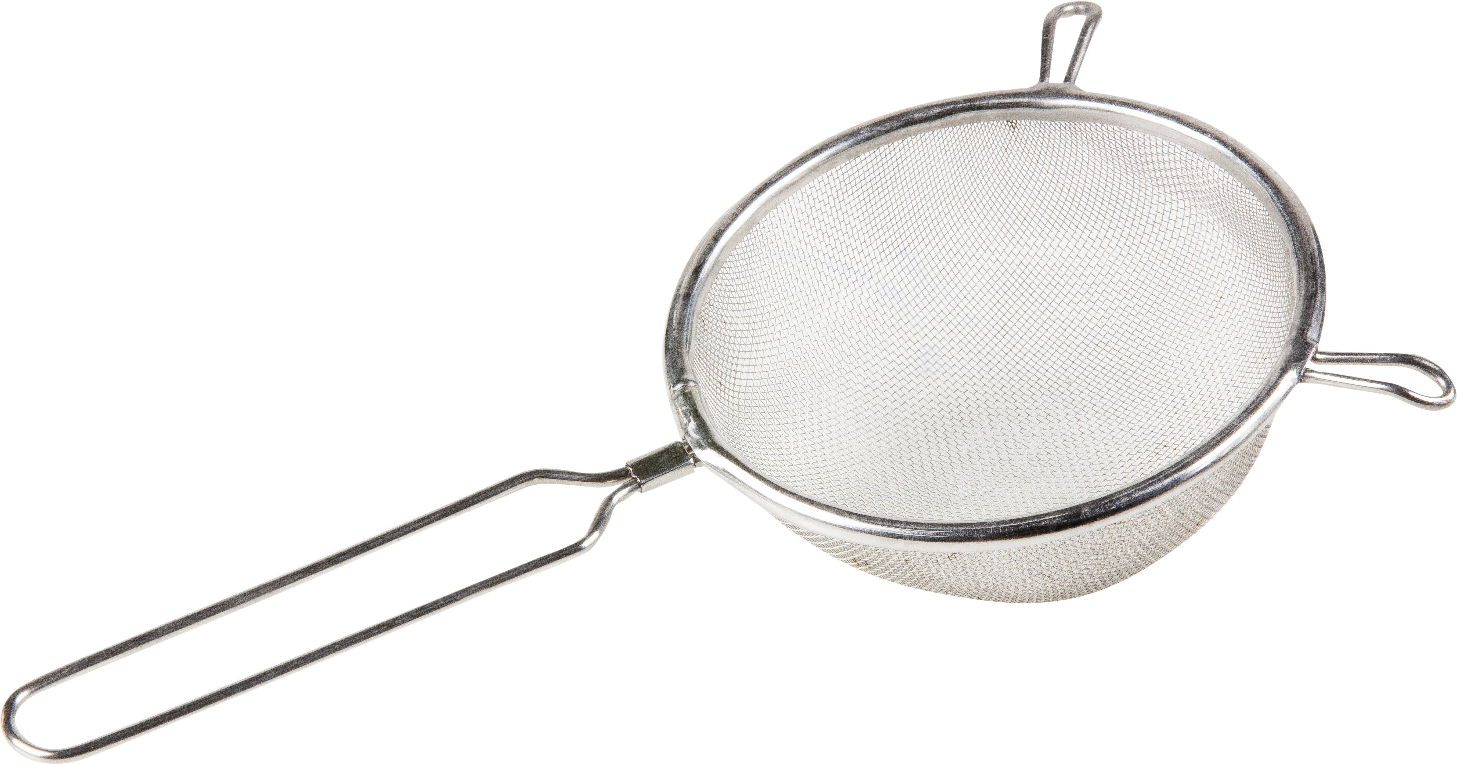 Fine-meshed metal sieve with a long handle, used for draining food or separating liquids and solids.