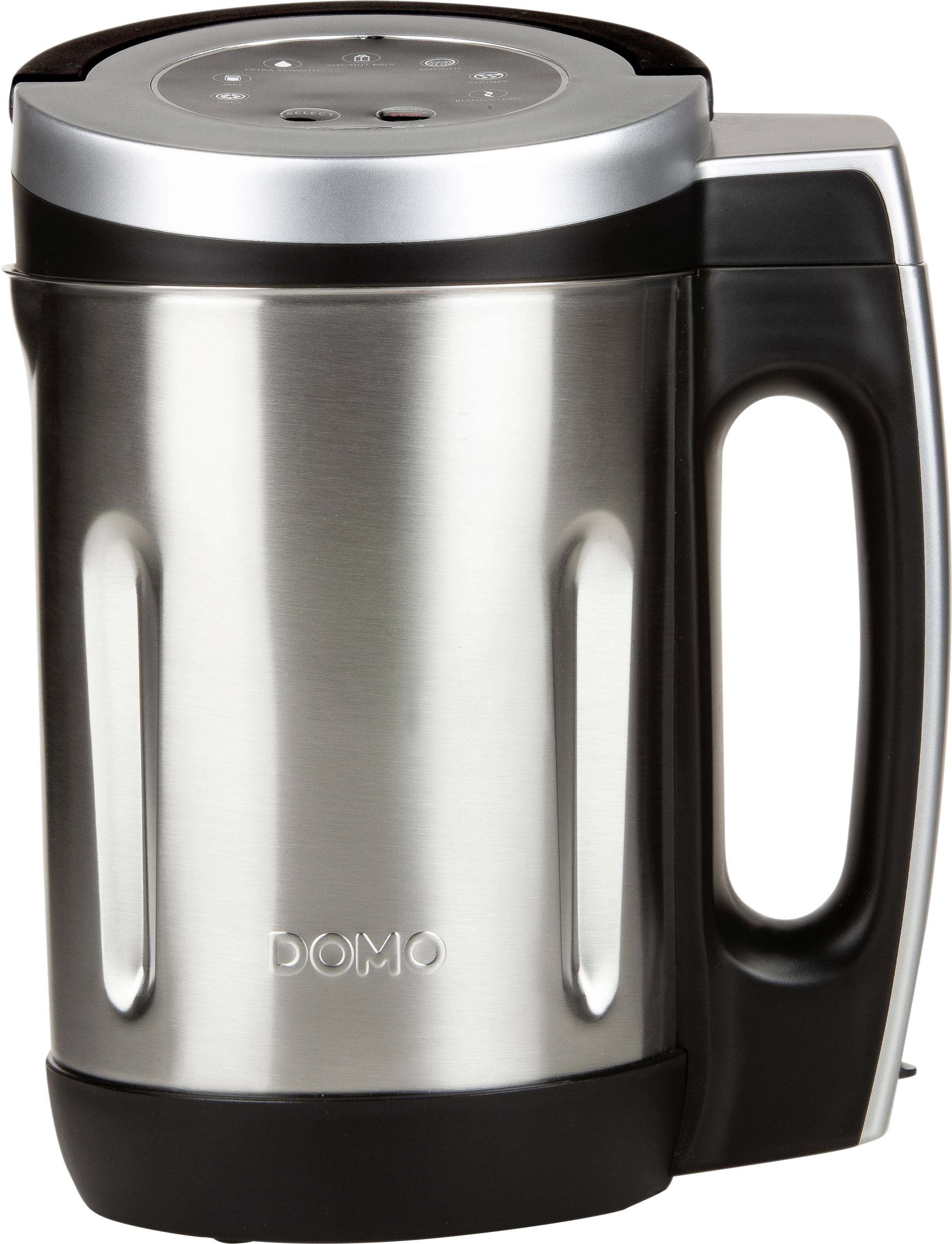 A silver electric soup maker with black handles and control elements on the top surface.