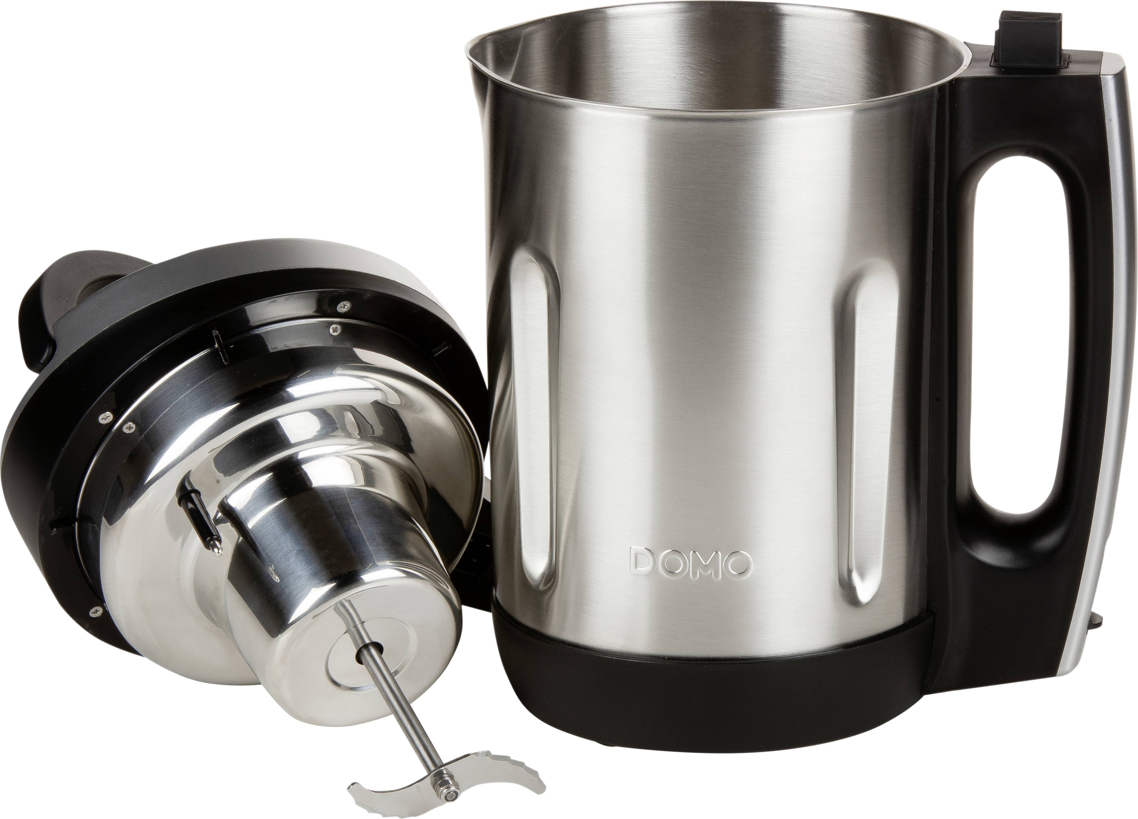A silver-coloured metal mixer container with a black handle and removable lid, alongside a stainless steel blade attachment.