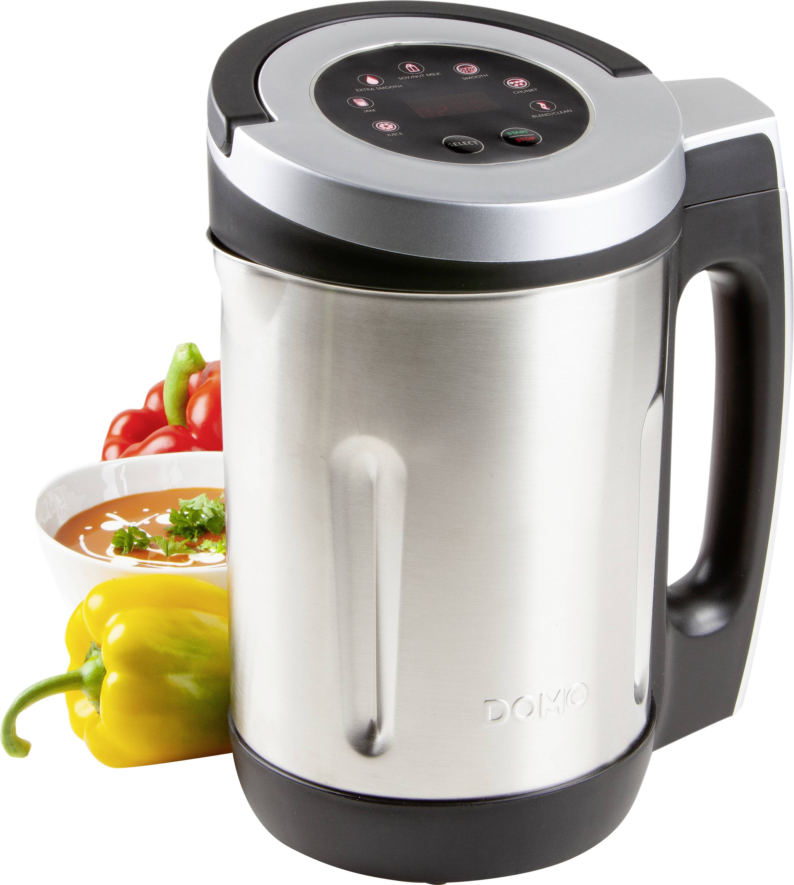 Stainless steel 'Soup Maker' beside a bowl of soup and fresh peppers. Device with display and multiple control buttons.