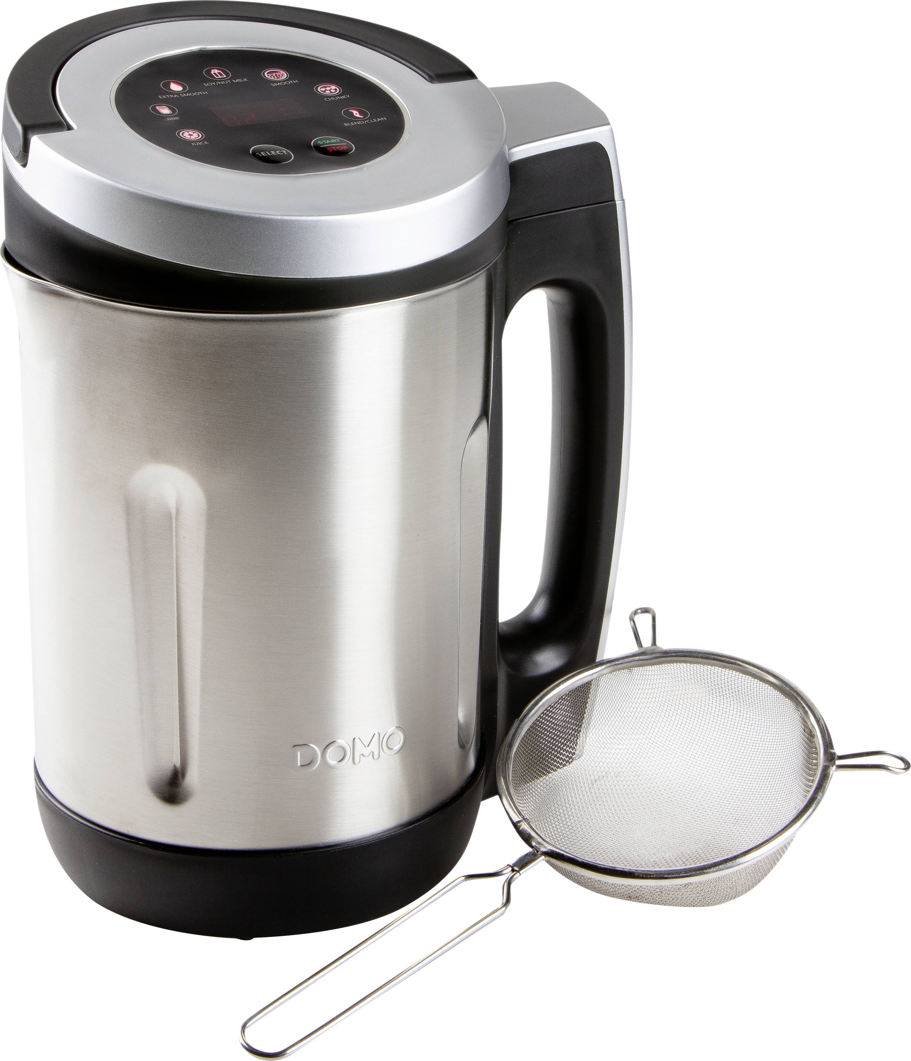 A silver and black soup maker with handle and electronic control panel. Beside it, a metal strainer. Suitable for soups.